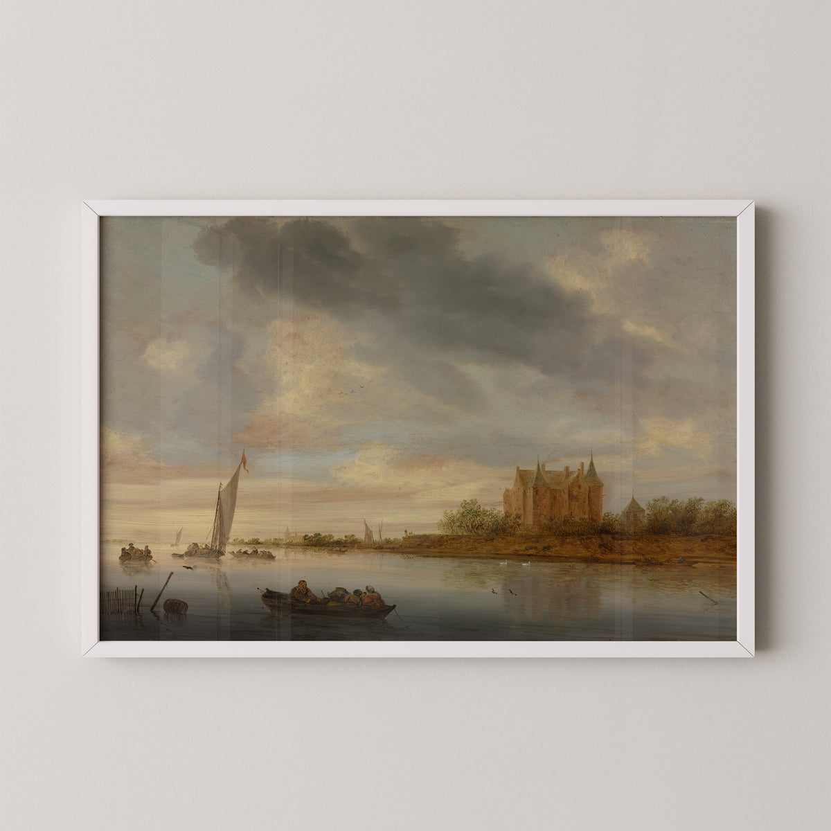 Castle on a River by Salomon van Ruysdael, art print in a white frame