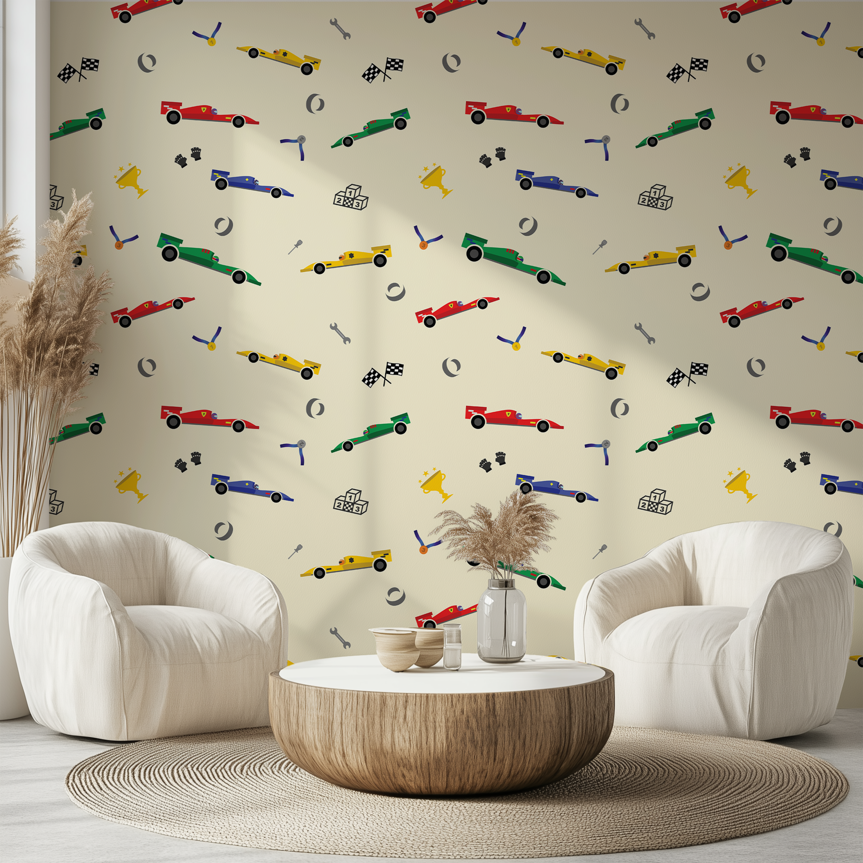 Chequered flag racing wallpaper with colorful open-wheel cars