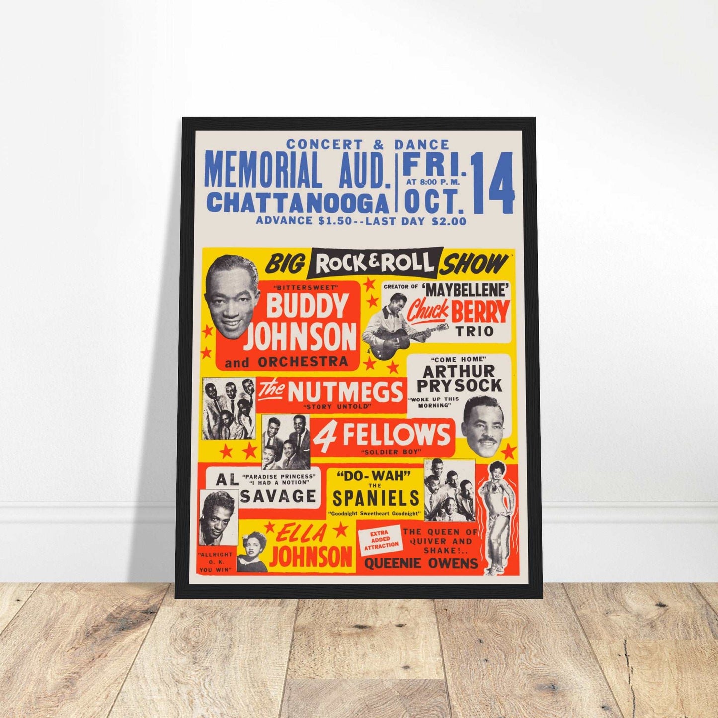 Vintage 1950s concert poster featuring Chuck Berry, Buddy Johnson, and The Nutmegs in a bold red and yellow rock & roll design.