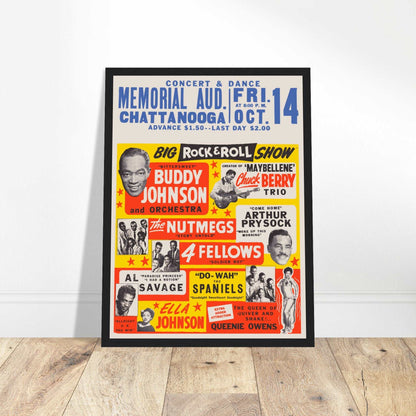 Vintage 1950s concert poster featuring Chuck Berry, Buddy Johnson, and The Nutmegs in a bold red and yellow rock & roll design.