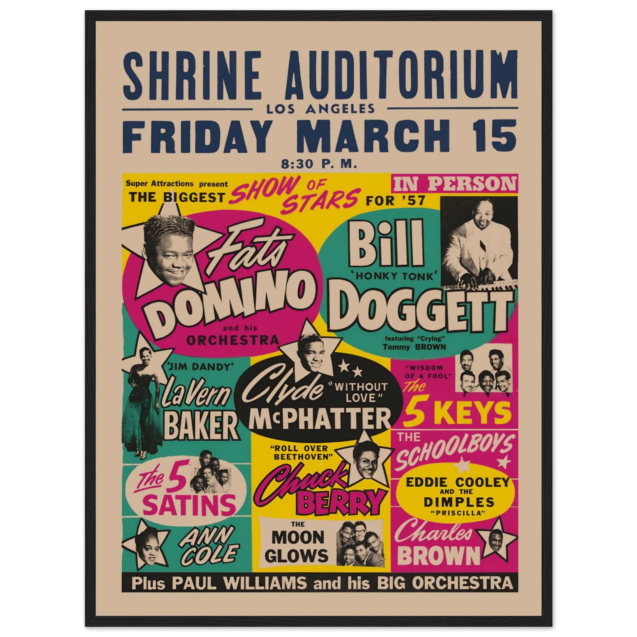Celebrate two of the biggest legends in rock & roll with this 1957 Chuck Berry & Fats Domino concert poster, capturing the magic of their unforgettable live performance. Featuring vintage artwork from the early days of rock, this high-quality print is a must-have for Chuck Berry fans, Fats Domino lovers, and collectors of classic concert posters. Whether displayed in a music room, living space, or home office, this Chuck Berry & Fats Domino concert poster brings a touch of rock & roll history to your walls.
