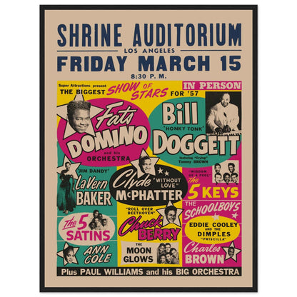 Celebrate two of the biggest legends in rock & roll with this 1957 Chuck Berry & Fats Domino concert poster, capturing the magic of their unforgettable live performance. Featuring vintage artwork from the early days of rock, this high-quality print is a must-have for Chuck Berry fans, Fats Domino lovers, and collectors of classic concert posters. Whether displayed in a music room, living space, or home office, this Chuck Berry & Fats Domino concert poster brings a touch of rock & roll history to your walls.