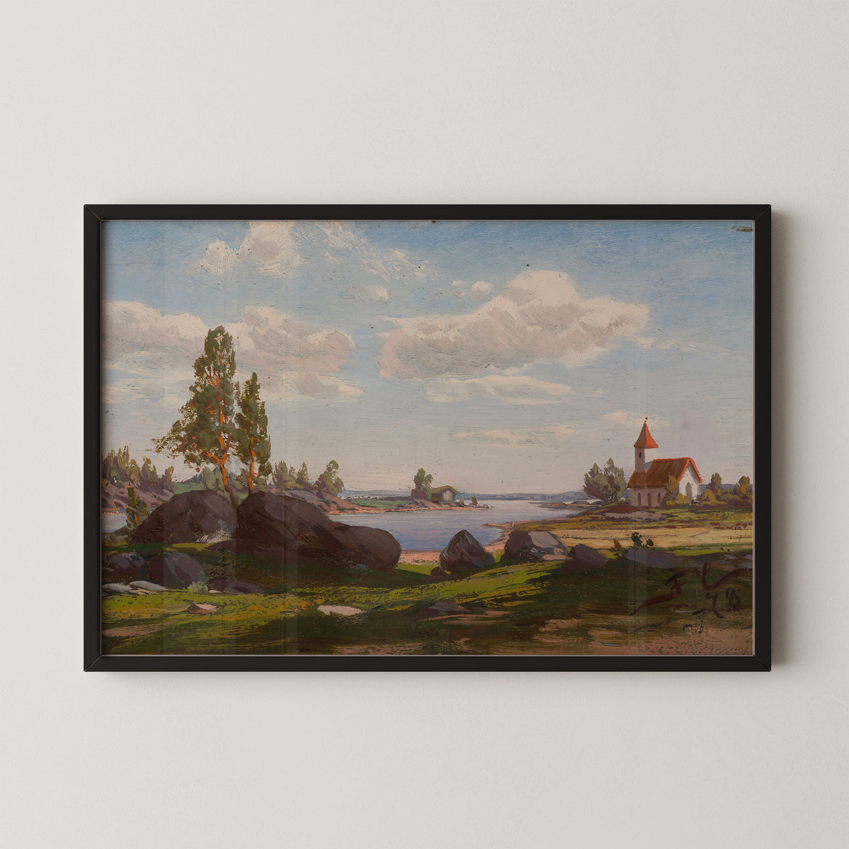 Church on the Shore by Fanny Churberg, art print in a black frame