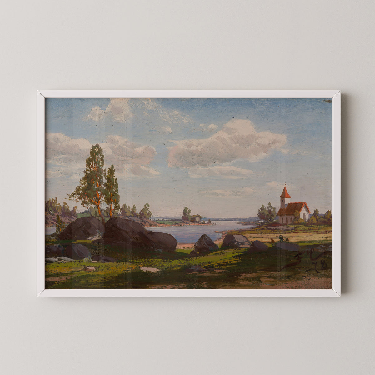 Church on the Shore by Fanny Churberg, art print in a white frame