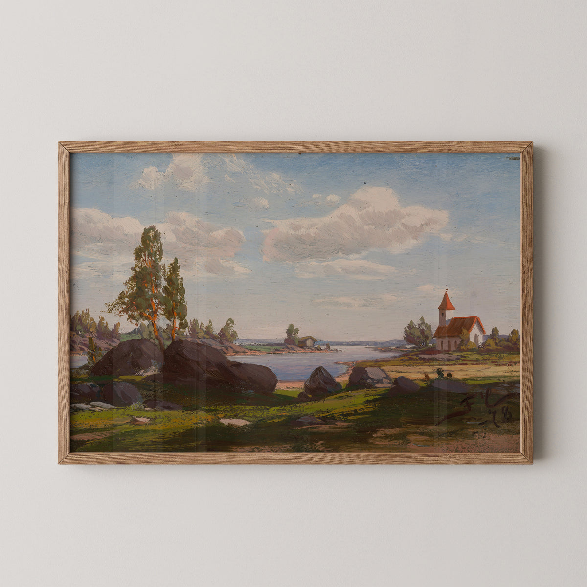 Church on the Shore by Fanny Churberg, art print in a natural wood frame