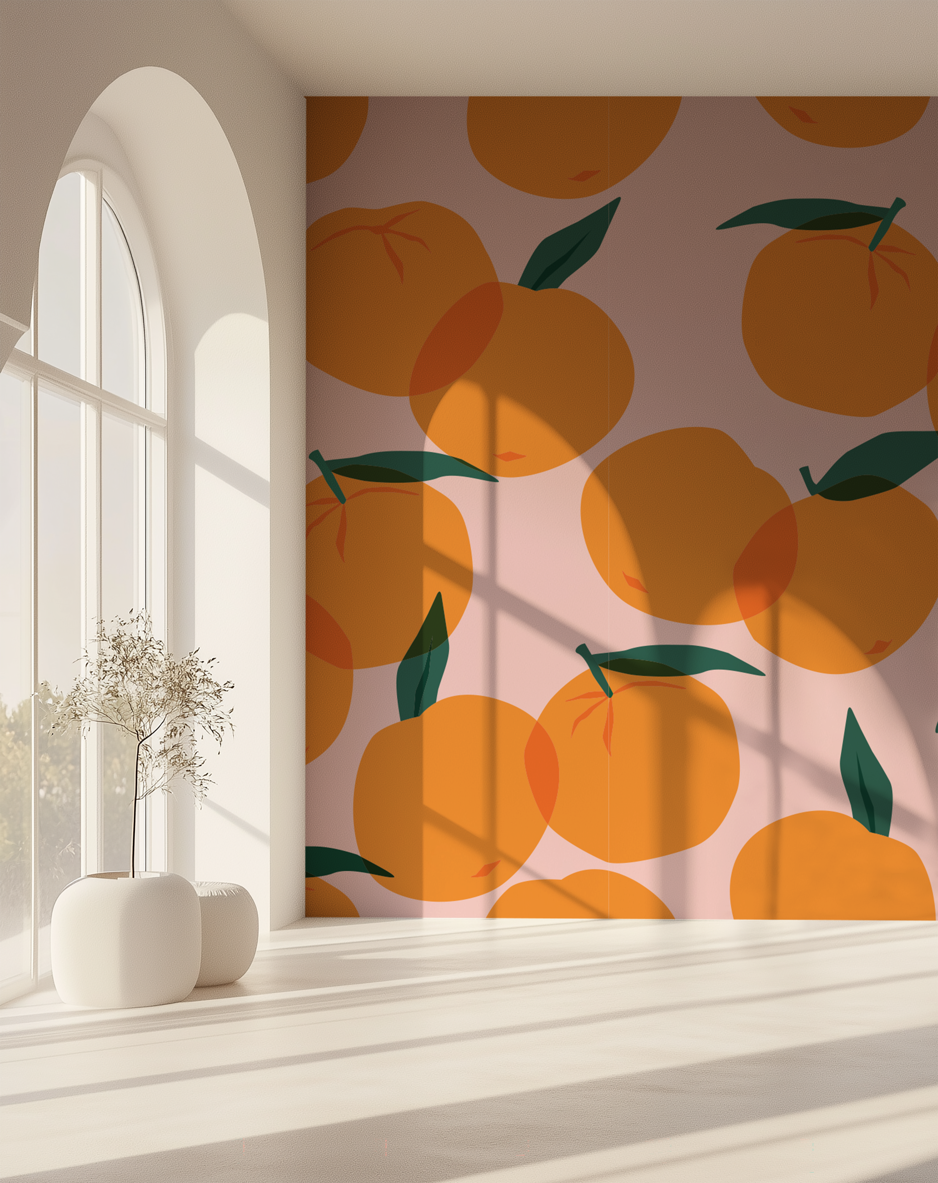 Citrus Pop Orange Fruit Wallpaper displayed as a colourful feature wall beside a large arched window filled with natural sunlight.