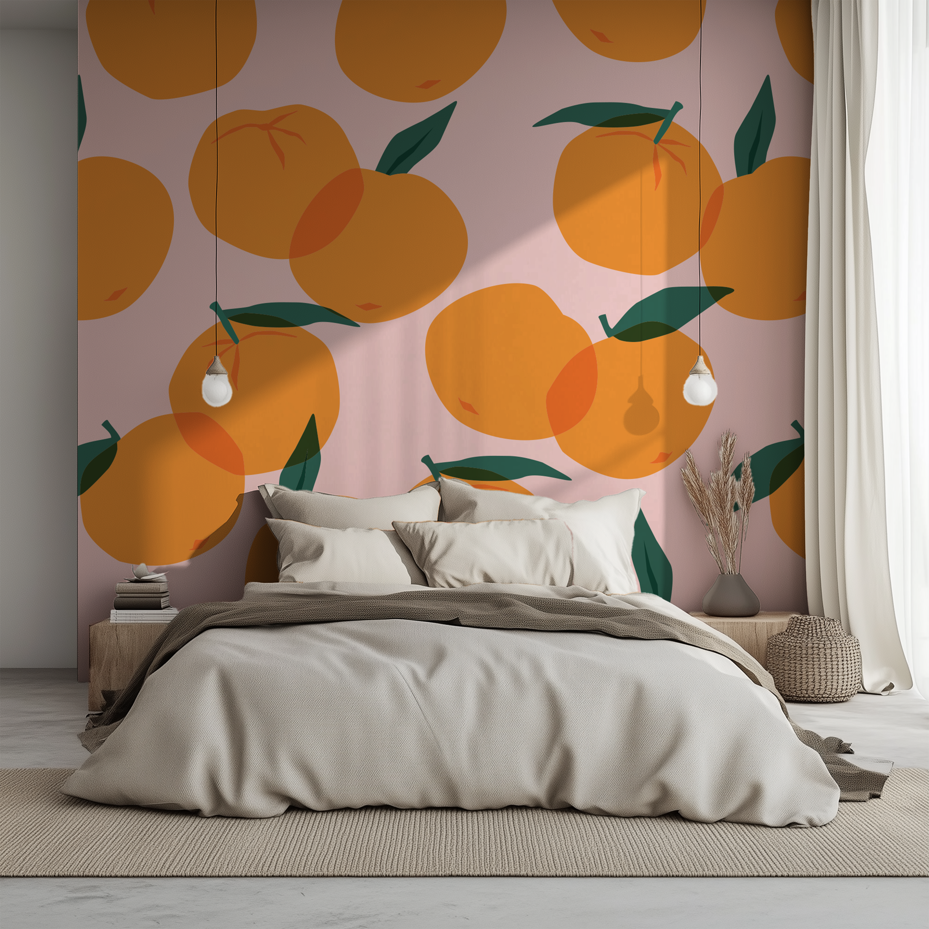 Citrus Pop Orange Fruit Wallpaper featured behind a modern bed with soft neutral bedding.