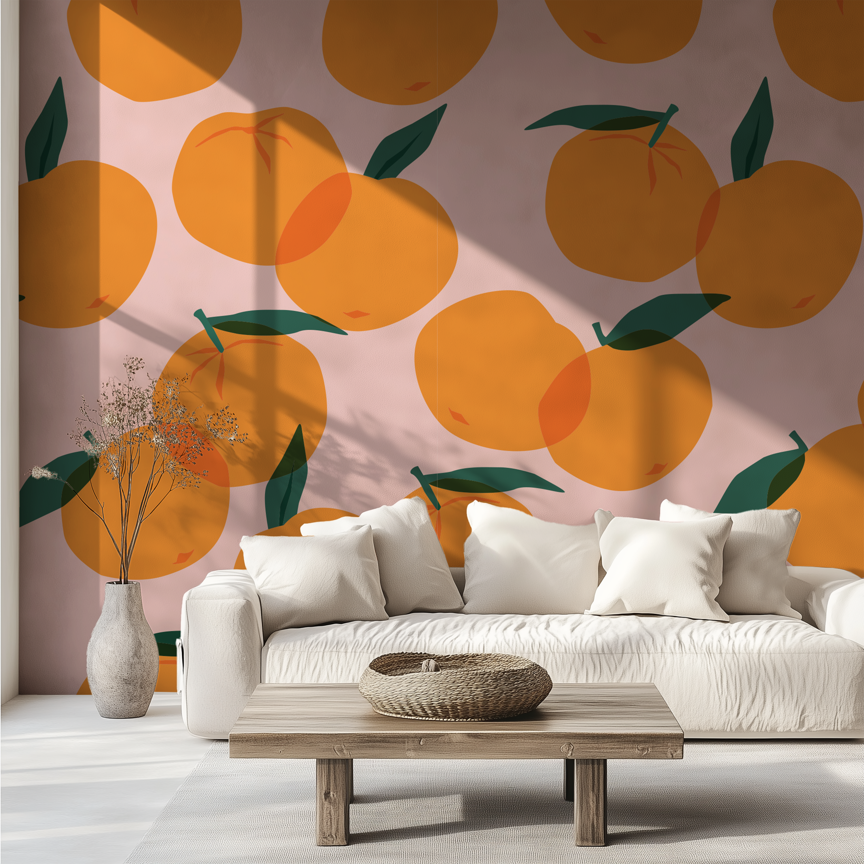Citrus Pop Orange Fruit Wallpaper paired with a contemporary white sofa and natural wood coffee table.