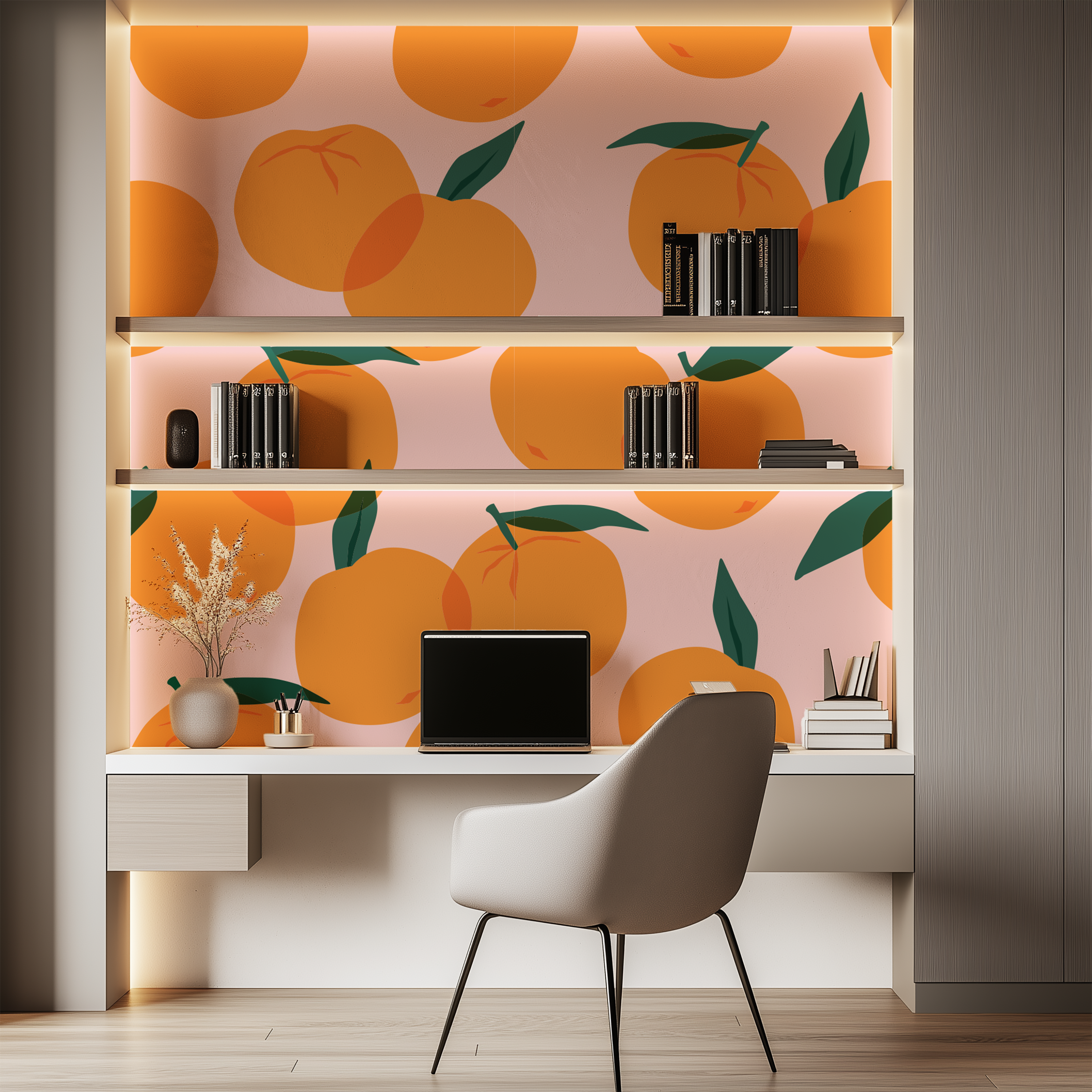 Citrus Pop Orange Fruit Wallpaper creating a bright and playful backdrop in a contemporary home office.