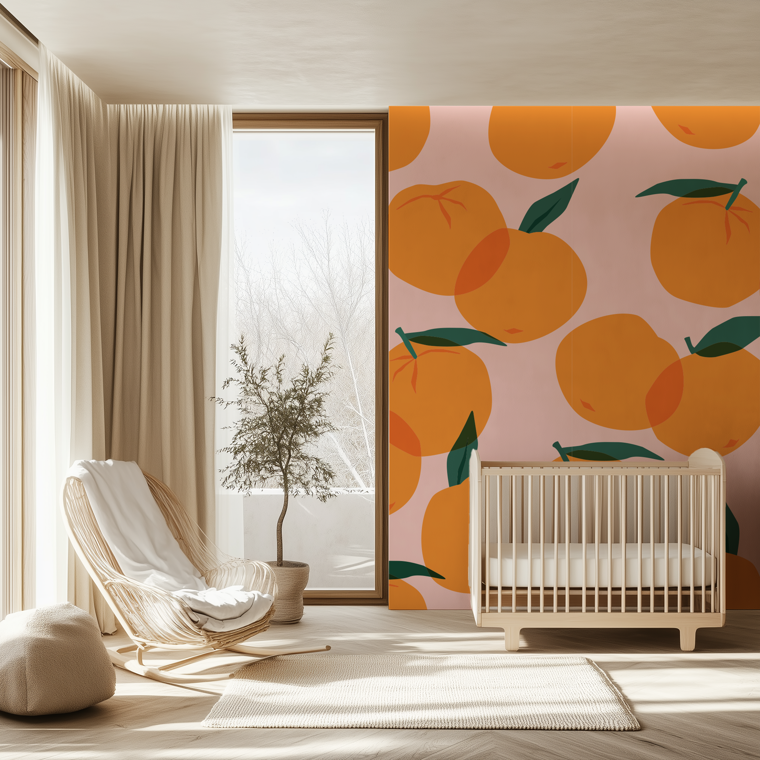 Citrus Pop Orange Fruit Wallpaper decorating a bright nursery with natural wood furniture.