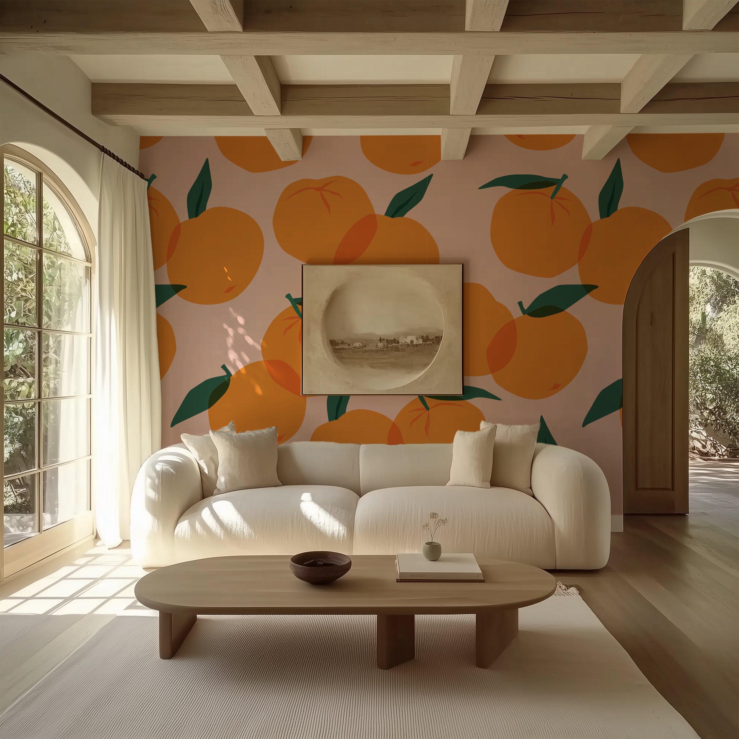 Citrus Pop Orange Fruit Wallpaper behind a curved white sofa in an organic modern living room