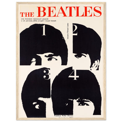Classic Beatles art print featuring striking black-and-white portraits and red lettering. A timeless piece of retro band art for stylish home decor, music rooms, or vintage collections.