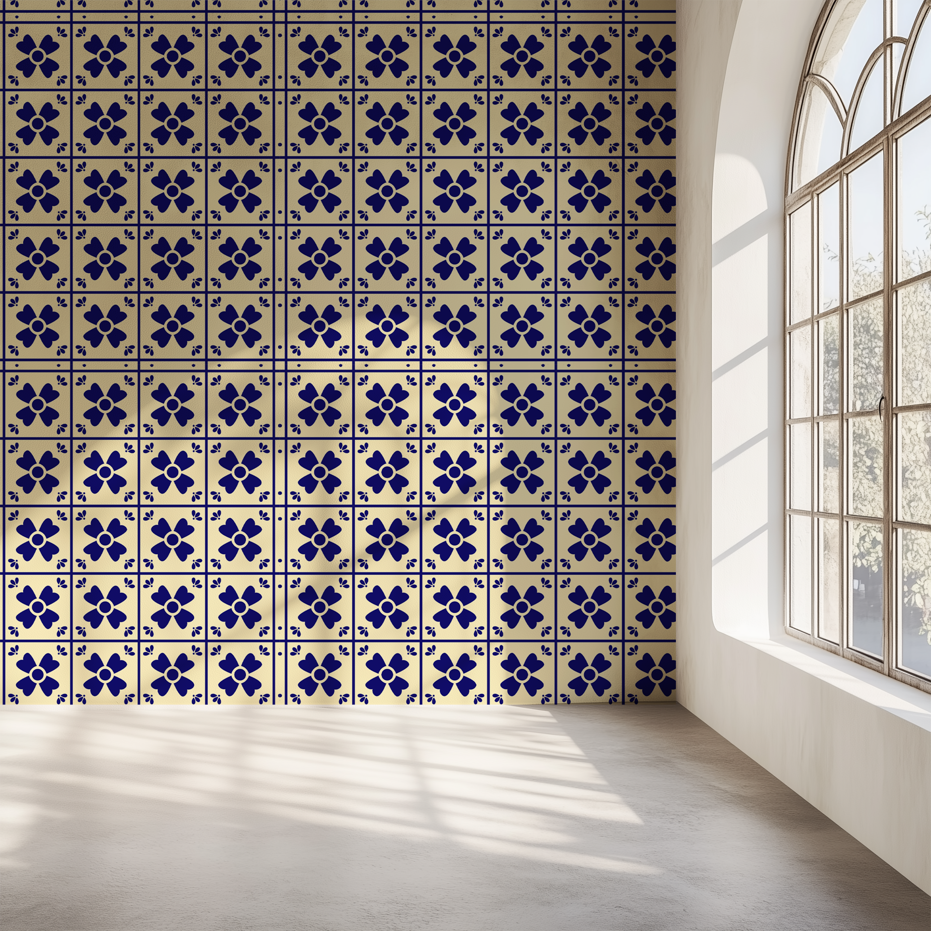 Classic blue azulejo wallpaper, Portuguese tile wallpaper, floral ceramic wallpaper, blue tile wallpaper, Mediterranean wallpaper, vintage wall mural