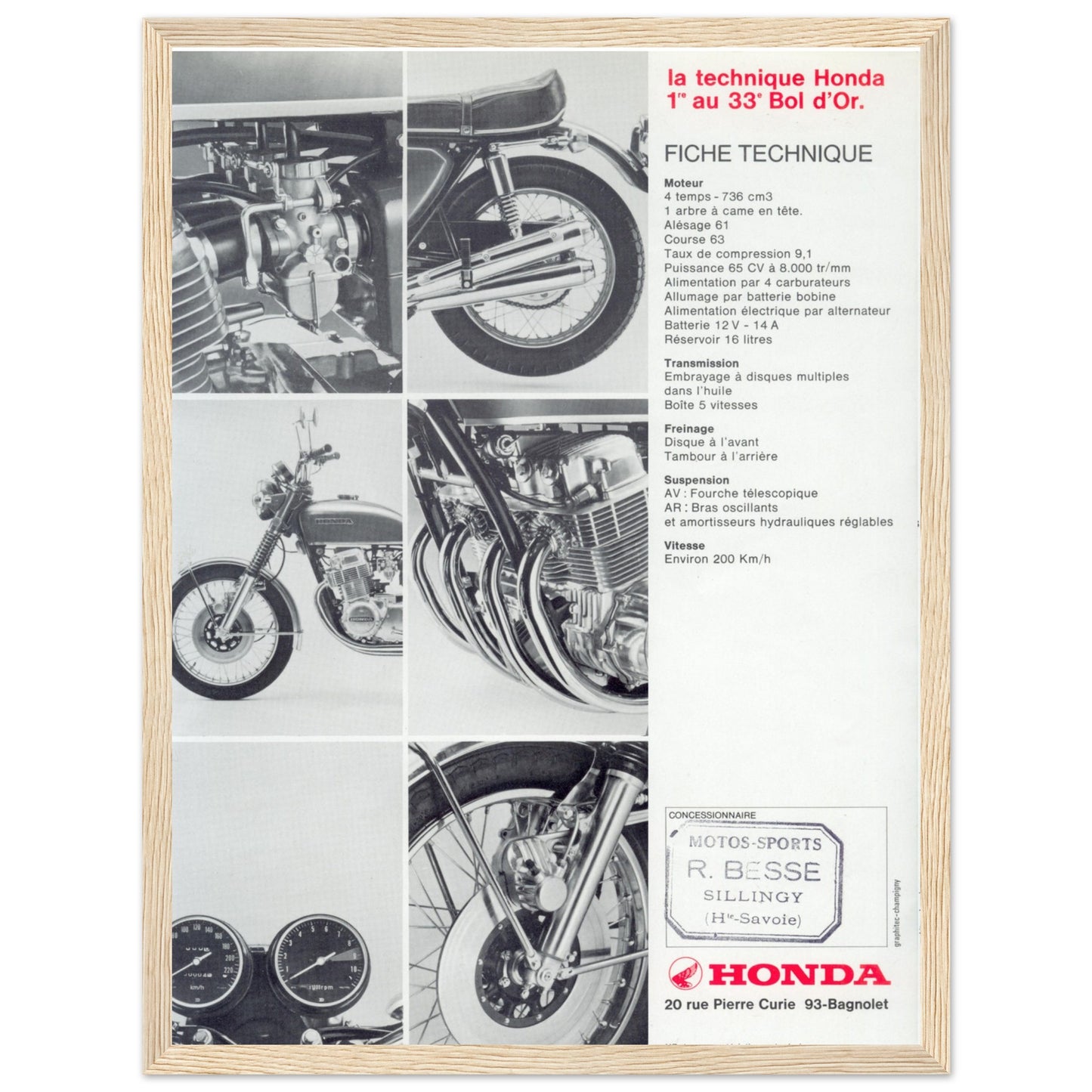 Classic Honda CB750 art print with detailed retro motorcycle illustration, ideal wall decor for bike lovers and enthusiasts.