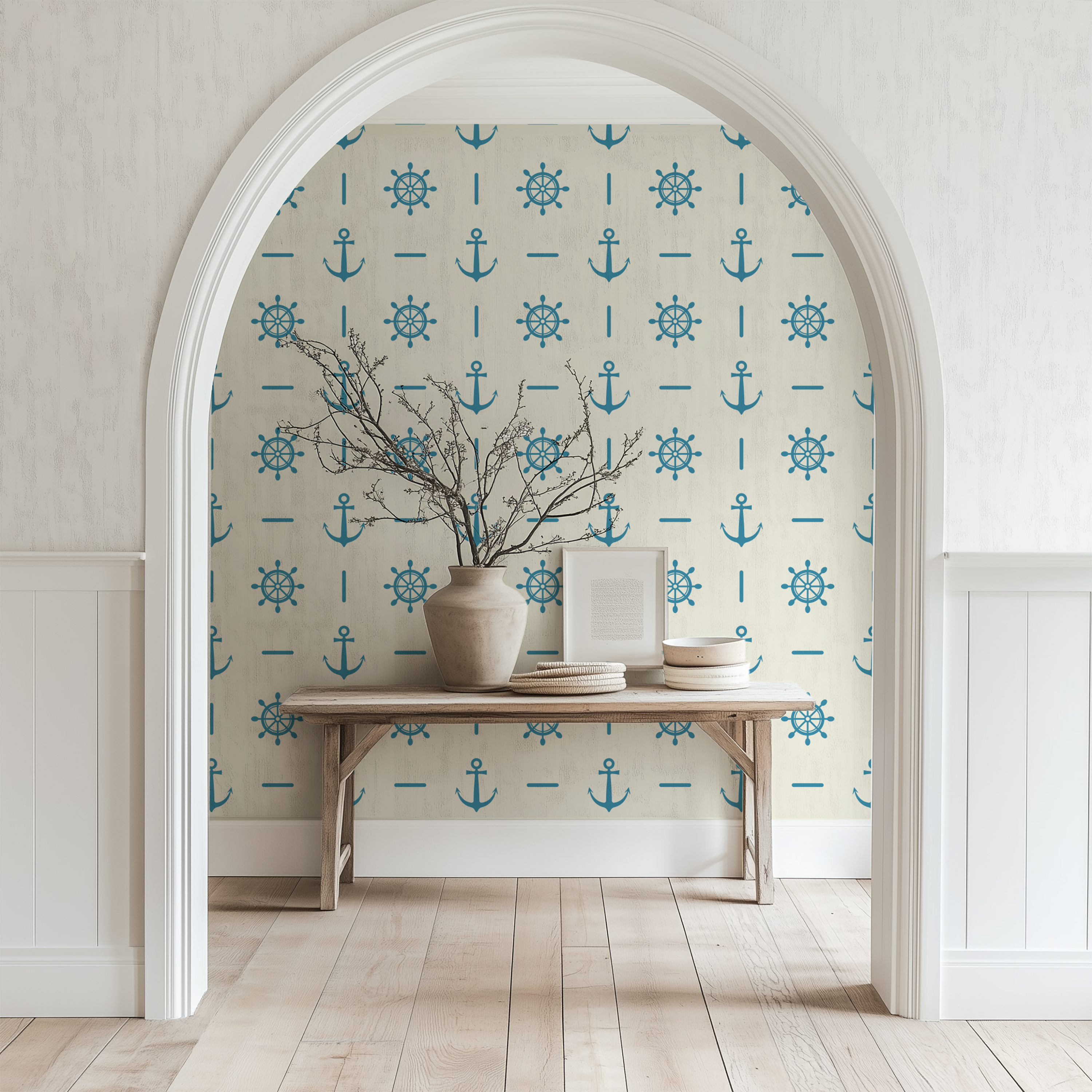 Classic nautical wallpaper, anchor wallpaper, coastal wallpaper, maritime wallpaper, ship wheel wallpaper, blue coastal wallpaper, beach house wallpaper