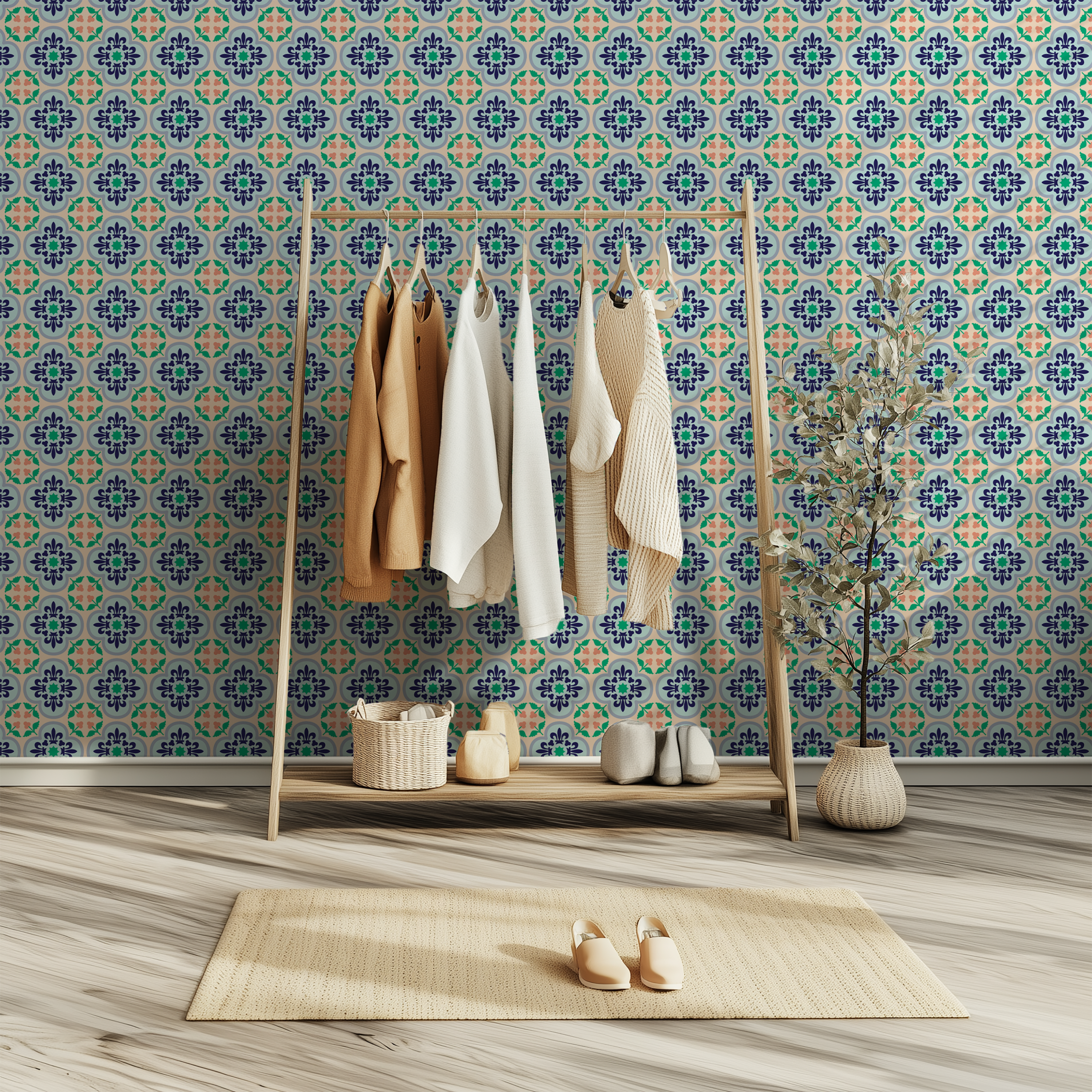 Portuguese tile wallpaper, azulejo wallpaper, ceramic tile pattern, Mediterranean wall decor, peel and stick wallpaper, custom wallpaper