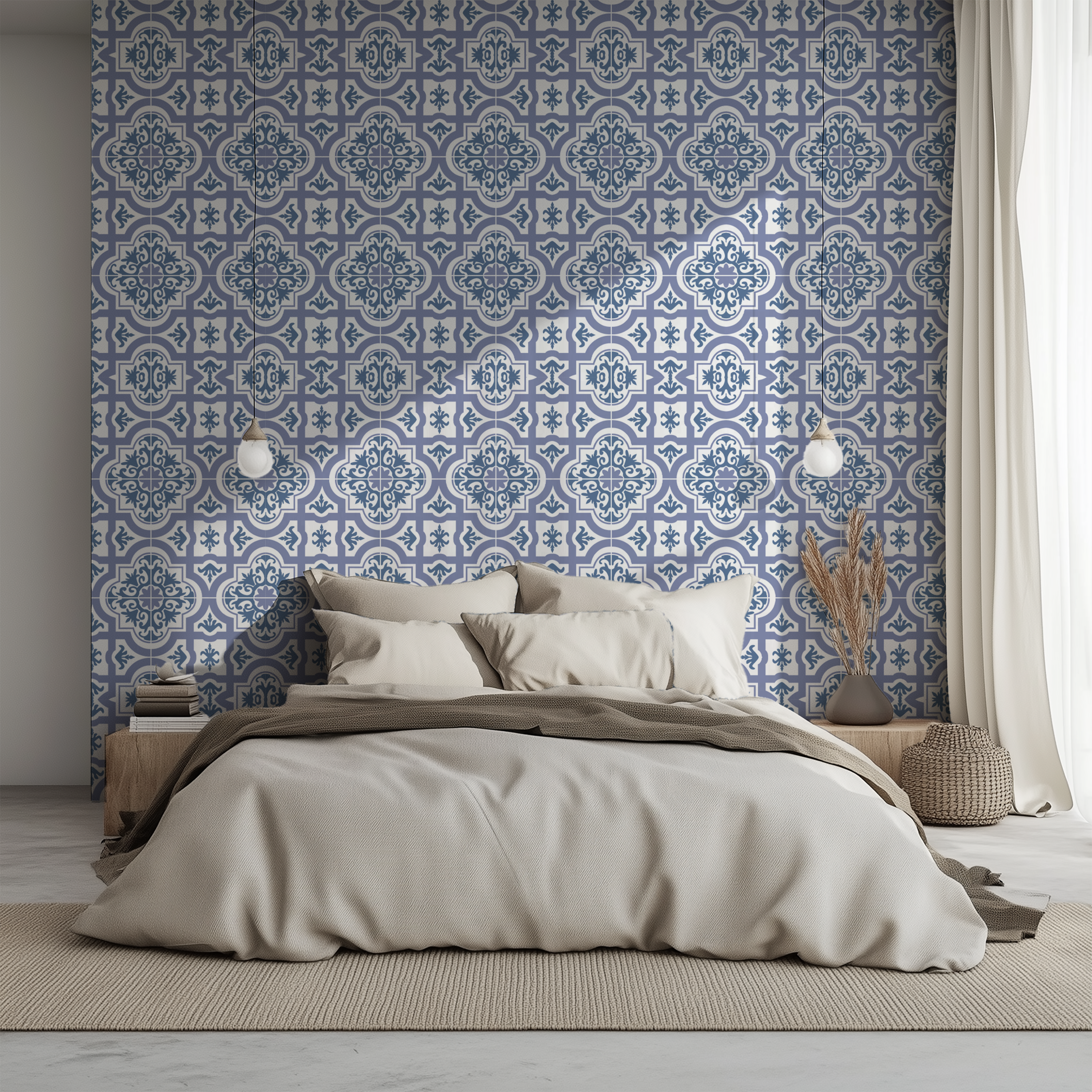 Blue Portuguese tile wallpaper, azulejo pattern wallpaper, ornamental wallpaper, ceramic tiles, Mediterranean wall mural, luxury wallpaper