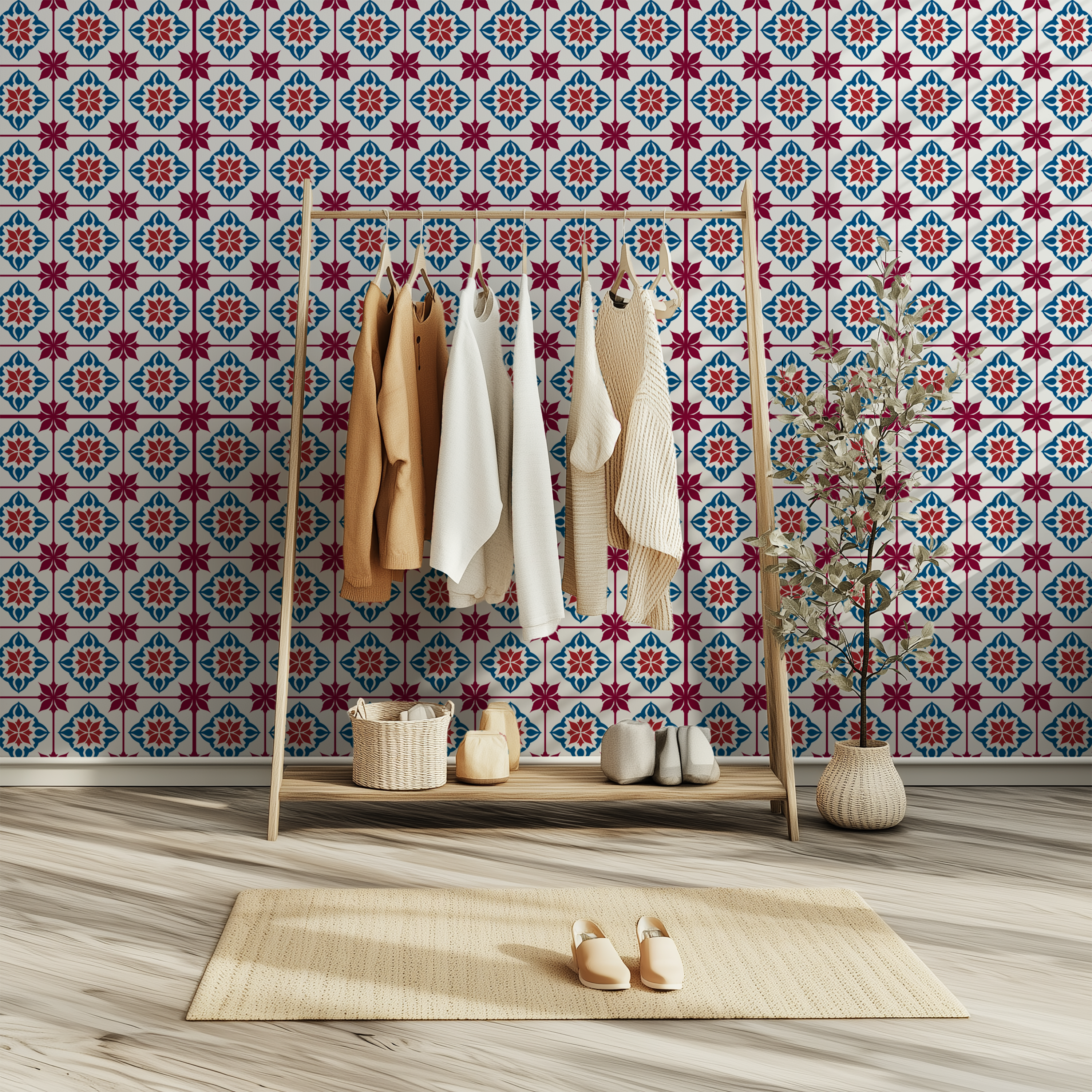 Portuguese tile wallpaper, azulejo wallpaper, ceramic tile pattern, Mediterranean wall decor, peel and stick wallpaper, custom wallpaper
