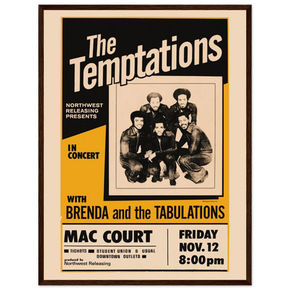 Classic soul music poster featuring The Temptations, blending mid-century concert style with nostalgic Motown flair.