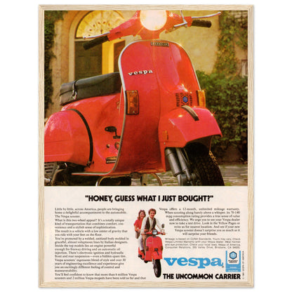 Classic Vespa moped vintage ad poster highlighting Italian scooter culture and stylish retro design