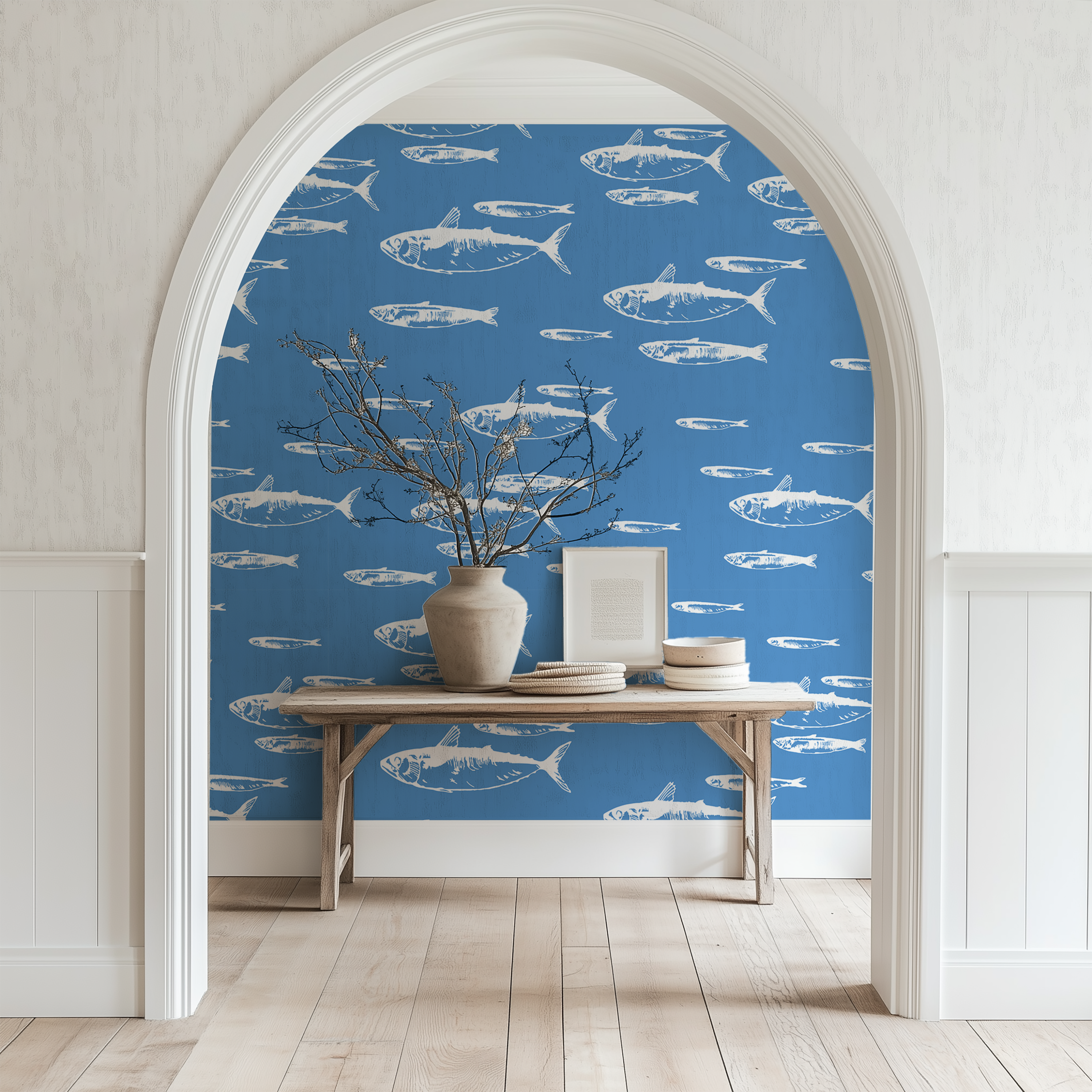 Coastal blue sardine wallpaper, Mediterranean wallpaper, fish wallpaper, nautical wallpaper, seaside wallpaper, ocean wallpaper, kitchen wallpaper
