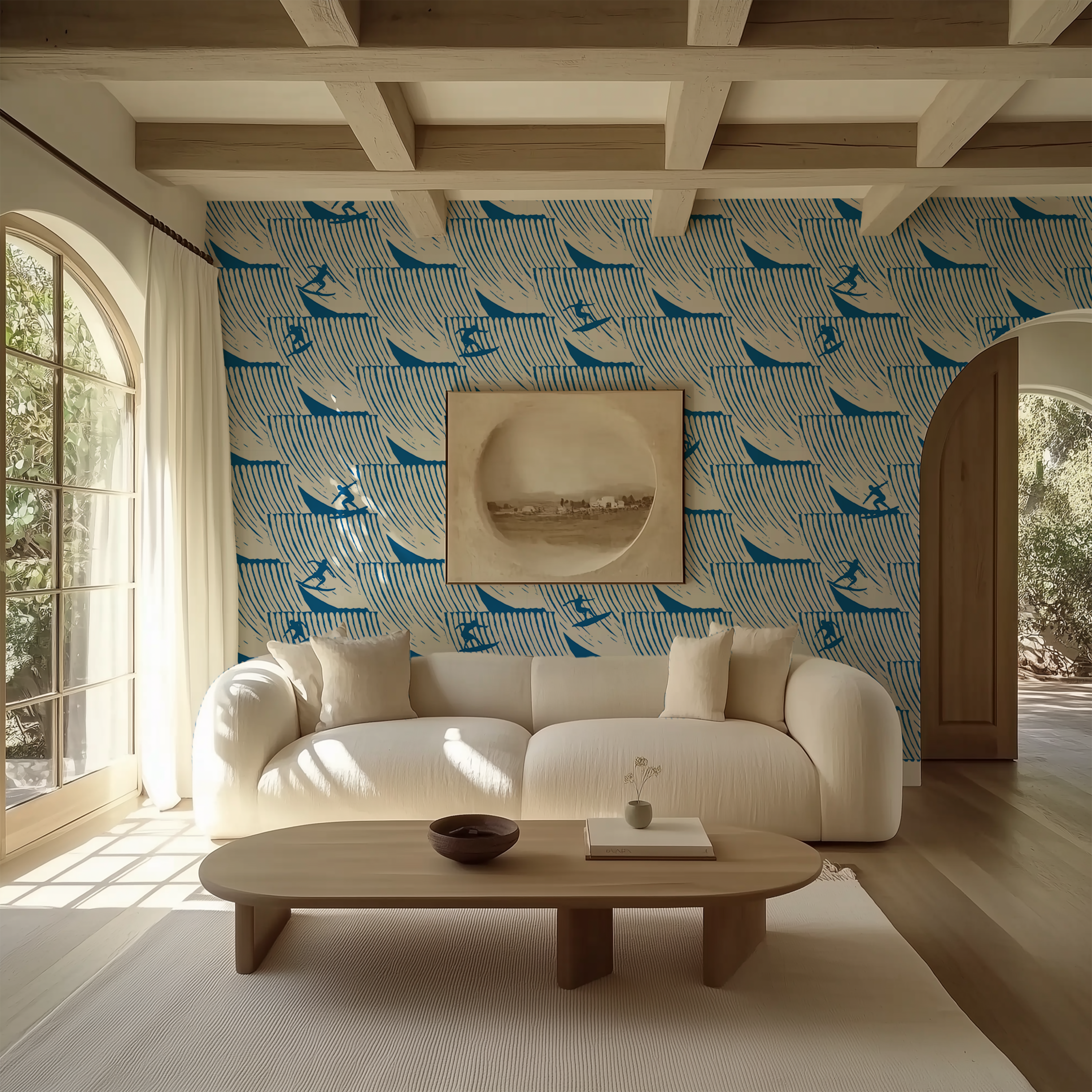 Coastal surfer wallpaper featuring repeating waves and surfing silhouettes