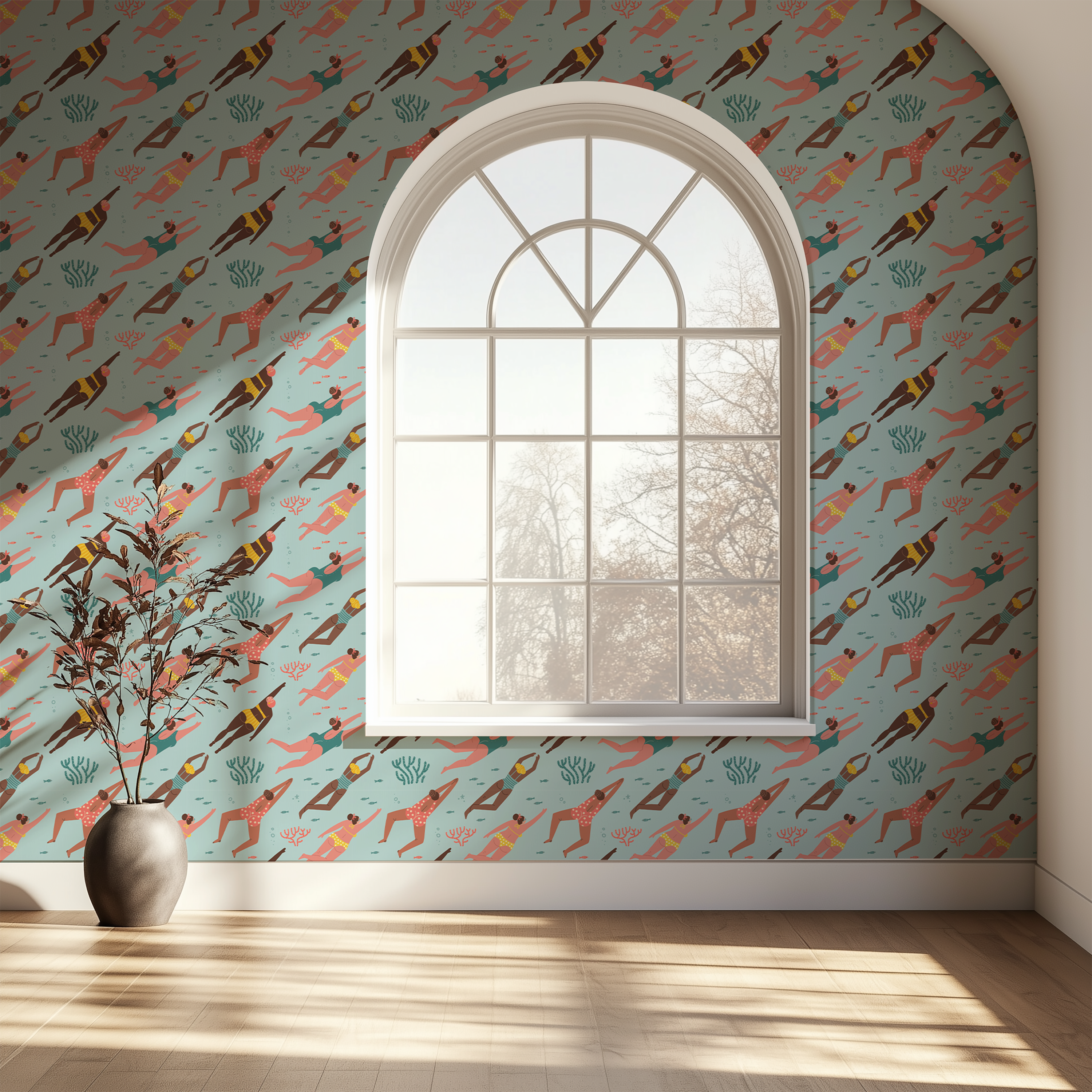 Coastal swimmers wallpaper with playful vintage-style figures in the water