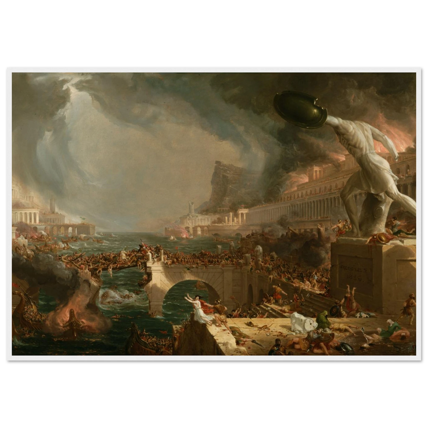 Archival print of Cole’s Destruction, a historical painting showing chaos, fire, and the collapse of imperial power.