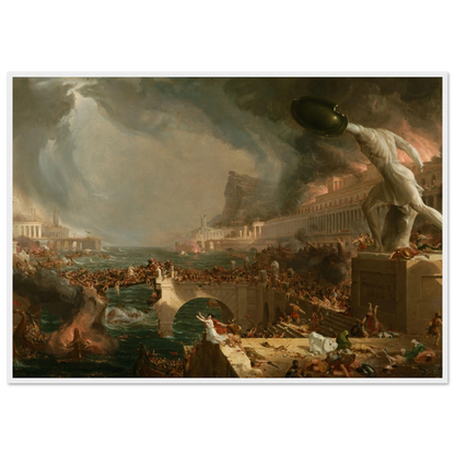 Archival print of Cole’s Destruction, a historical painting showing chaos, fire, and the collapse of imperial power.
