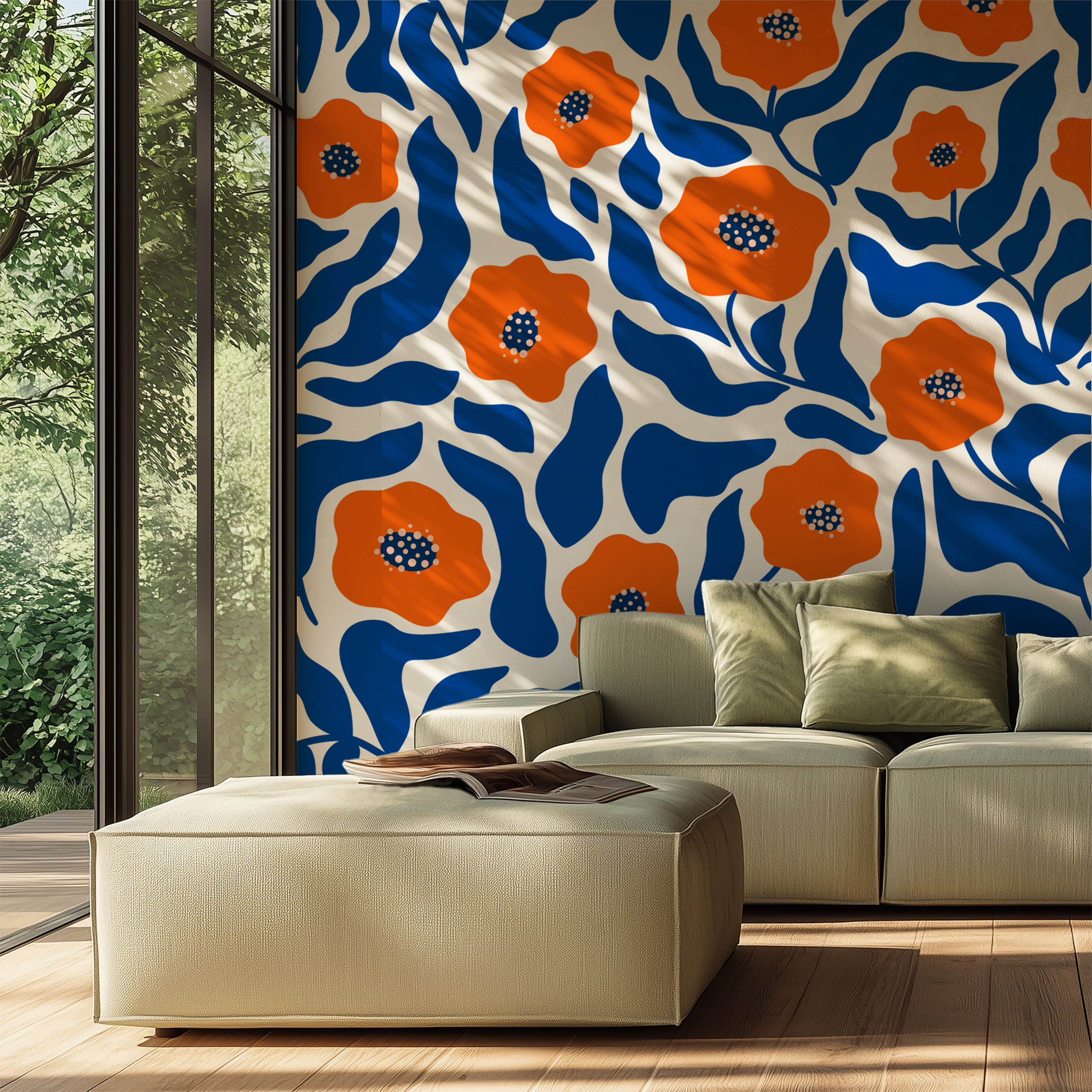 Colorful botanical wallpaper featuring orange flowers and sweeping blue foliage