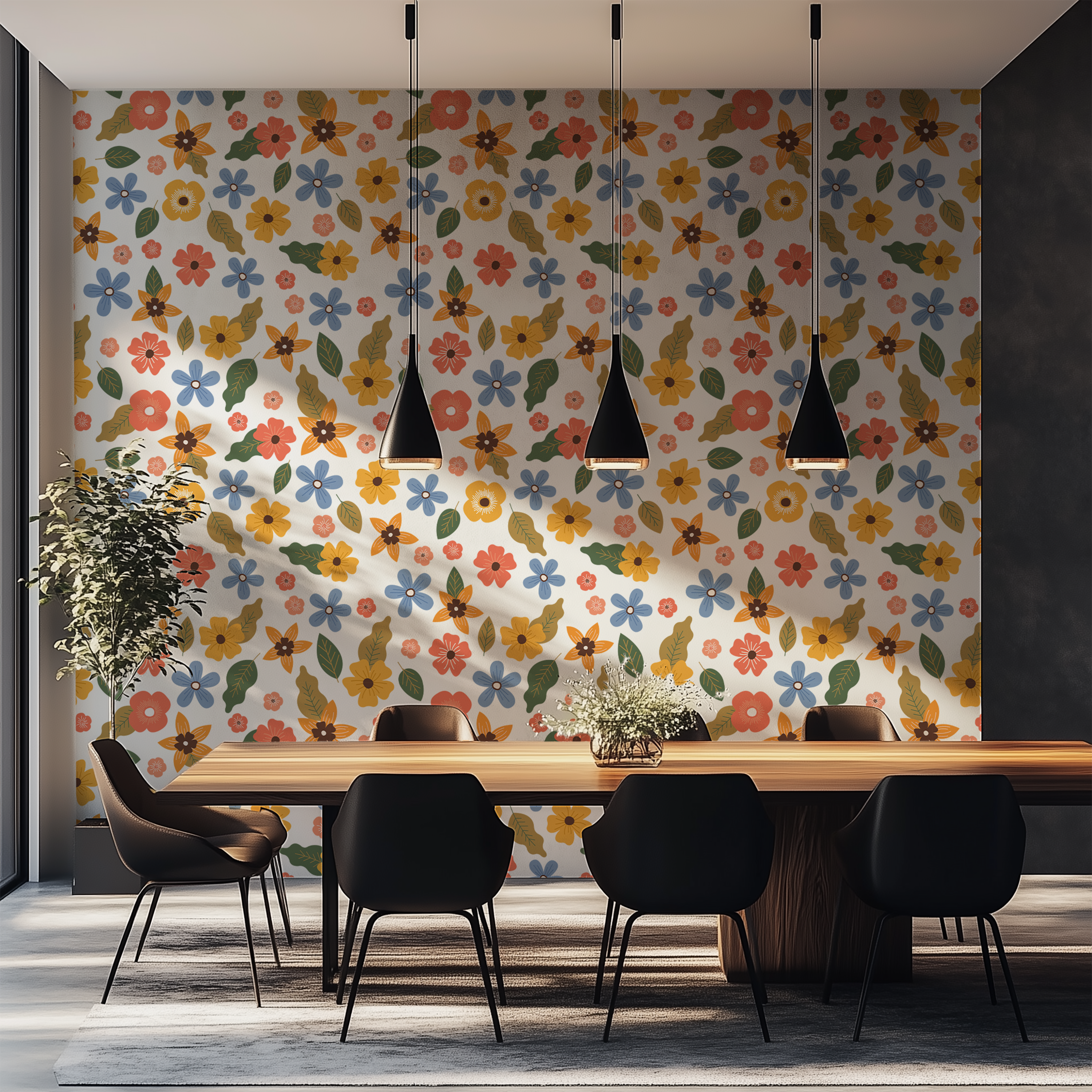 Colourful flower wallpaper with scattered floral motifs and leafy details.