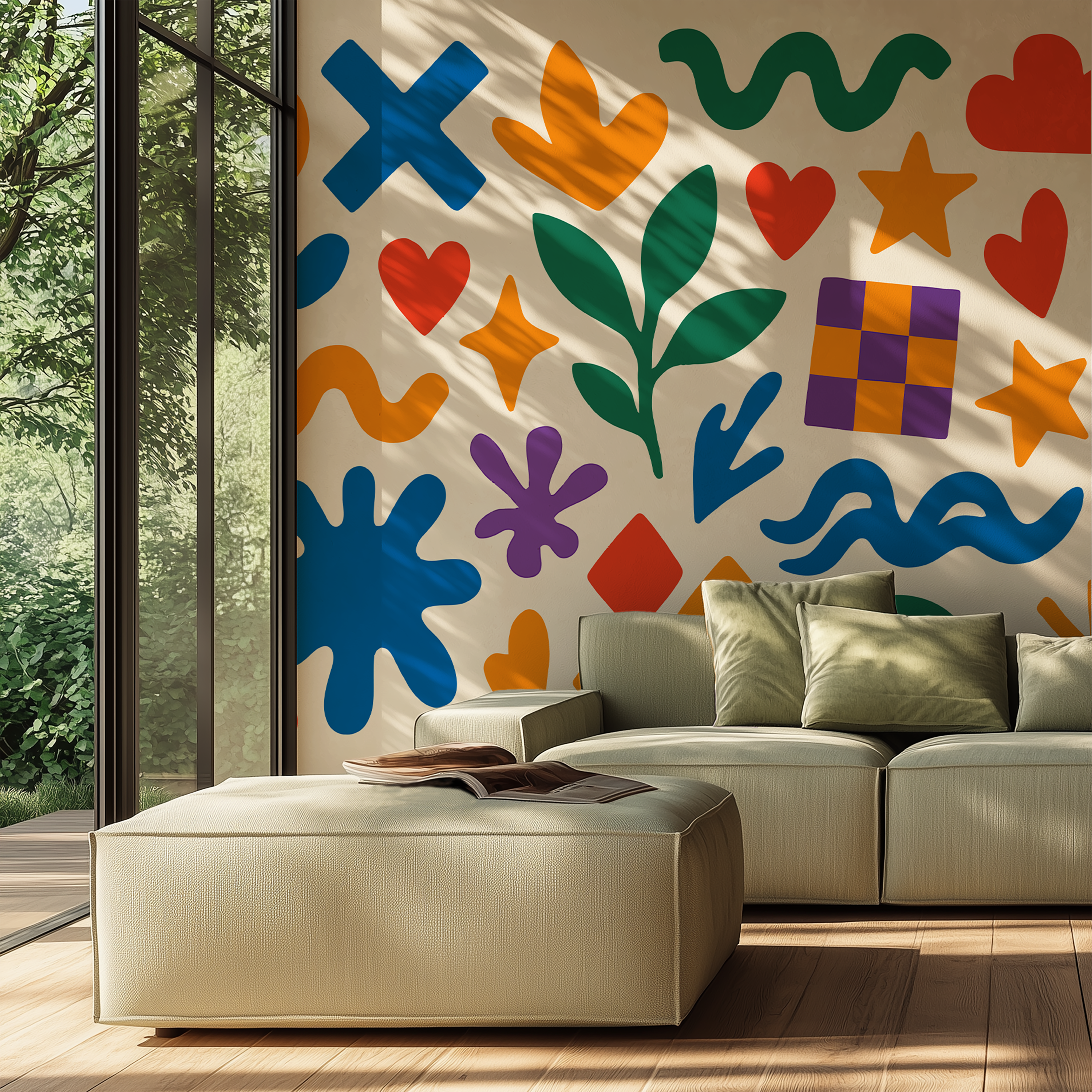 Colorful geometric wallpaper with hearts waves stars and abstract shapes