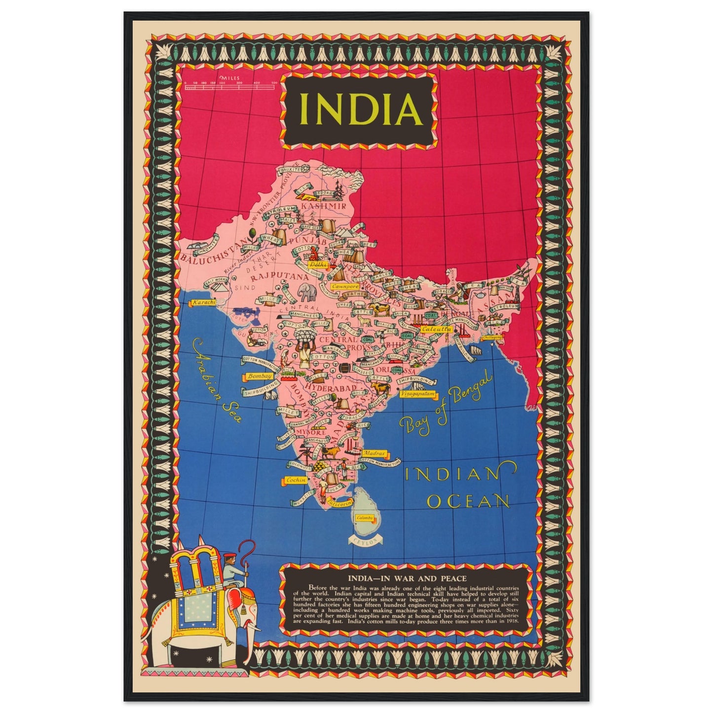 Illustrated India cartography poster in vibrant colors with traditional motifs and border designs