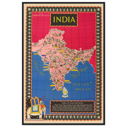Illustrated India cartography poster in vibrant colors with traditional motifs and border designs