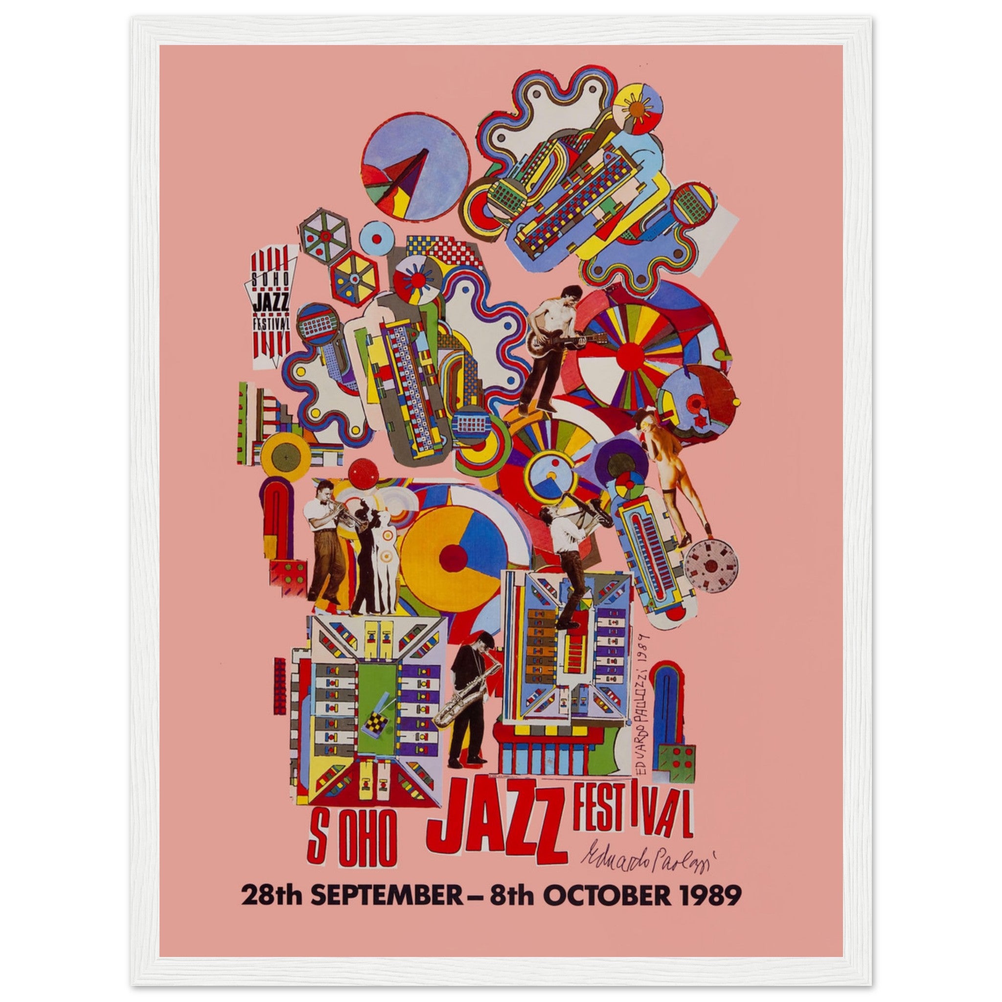 Colorful jazz art poster from the 1989 Soho Jazz Festival, designed in dynamic geometric style. A striking vintage wall print that adds rhythm and artistic flair to any creative interior.