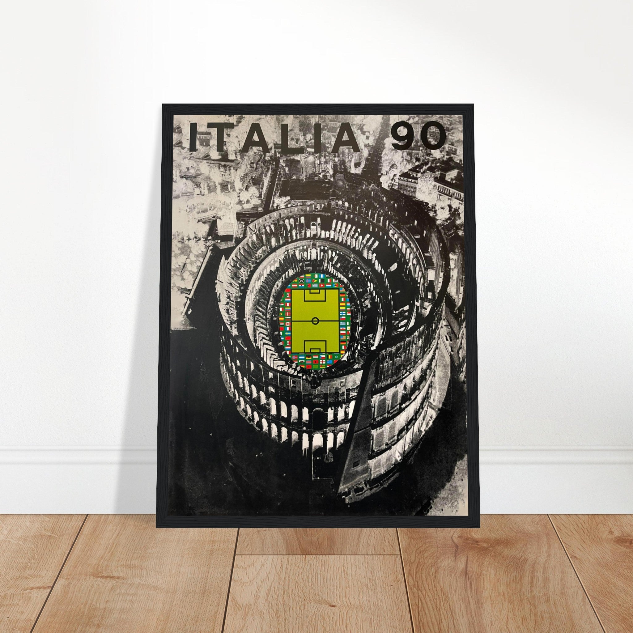 Vintage Italy 1990 World Cup poster featuring football artwork and the Colosseum. Classic soccer wall art for collectors