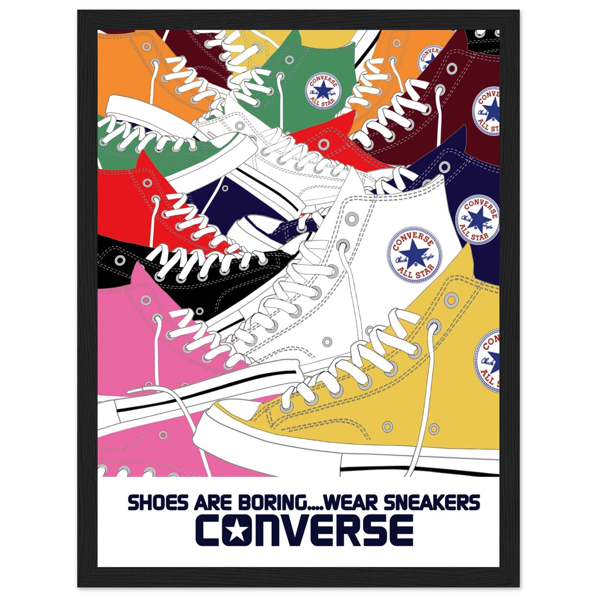 Step into the world of timeless fashion with this Converse All Stars vintage ad poster. Featuring the legendary Converse All Star sneakers, this artwork celebrates one of the most iconic footwear brands in history. The retro sneakers design adds a touch of classic style to any space, making it an ideal piece for sneaker enthusiasts, vintage ad collectors, and fans of streetwear culture. Whether you're looking to decorate your home, office, or personal sneaker shop, this poster is perfect for expressing your