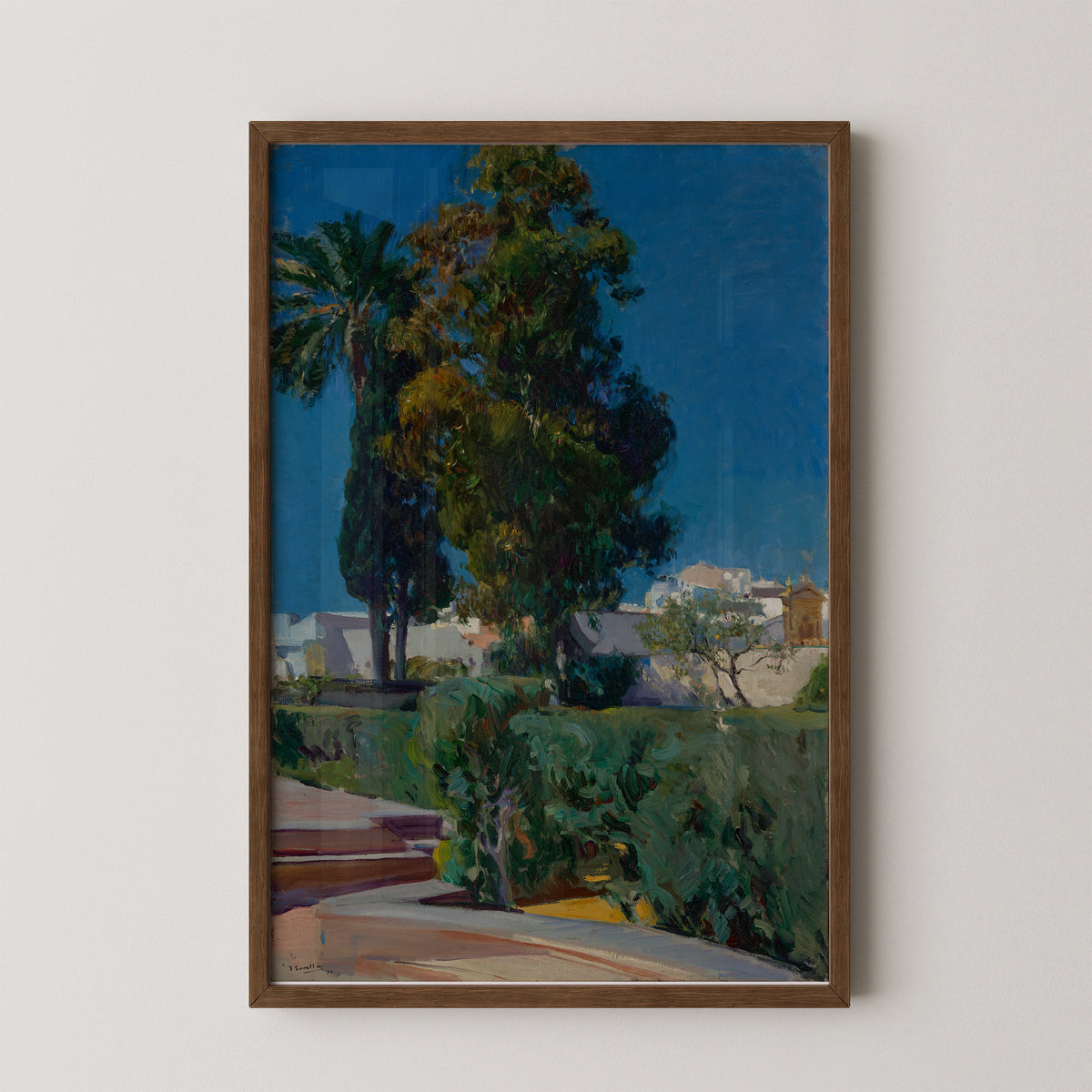 Corner of the Garden, Alcazar, Sevilla by Joaquín Sorolla y Bastida, art print in a dark wood frame