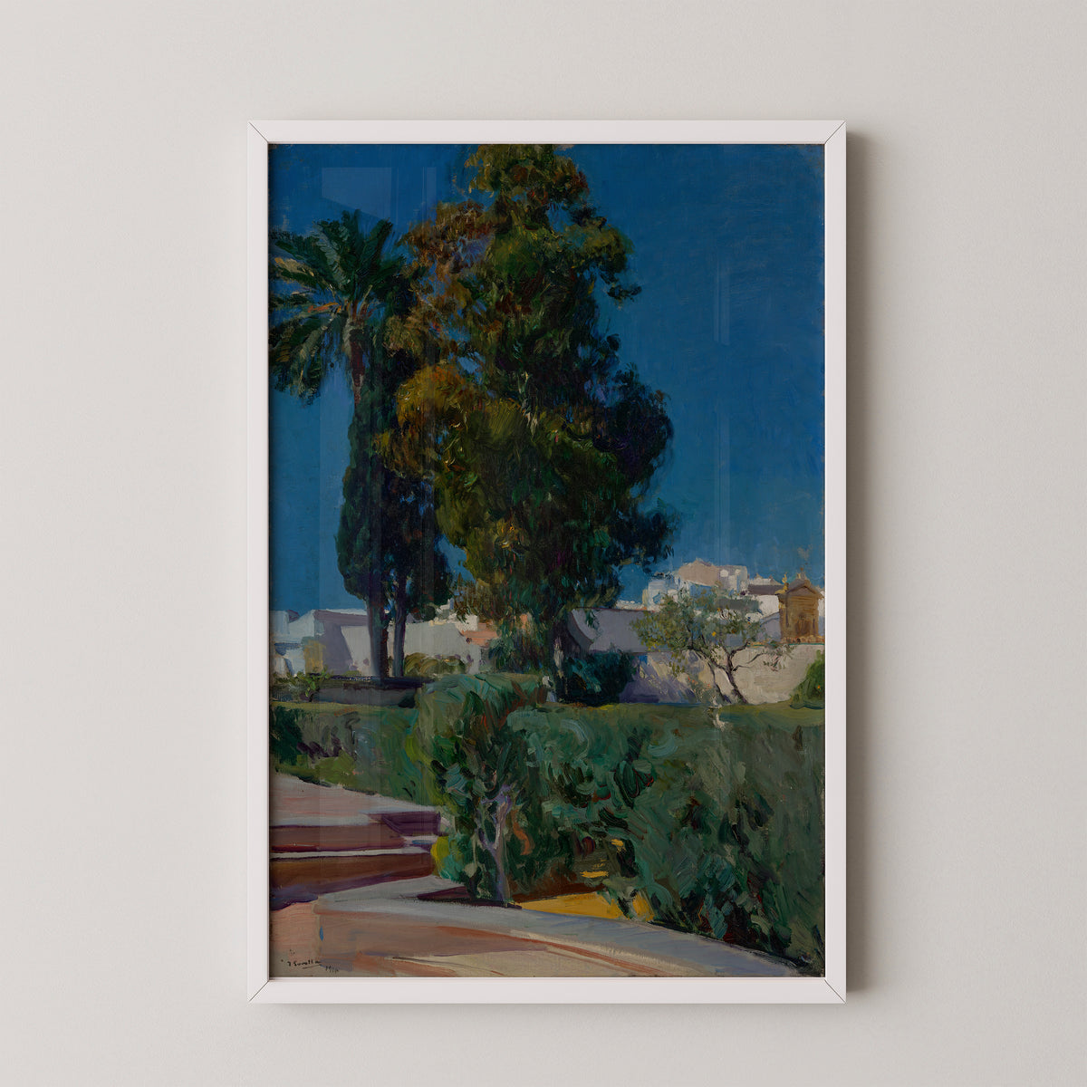 Corner of the Garden, Alcazar, Sevilla by Joaquín Sorolla y Bastida, art print in a white frame