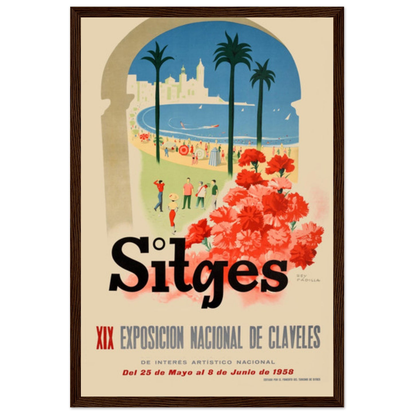 Vintage Costa Brava style art poster of Sitges with Mediterranean landscape, beachgoers, and floral motifs from 1958.