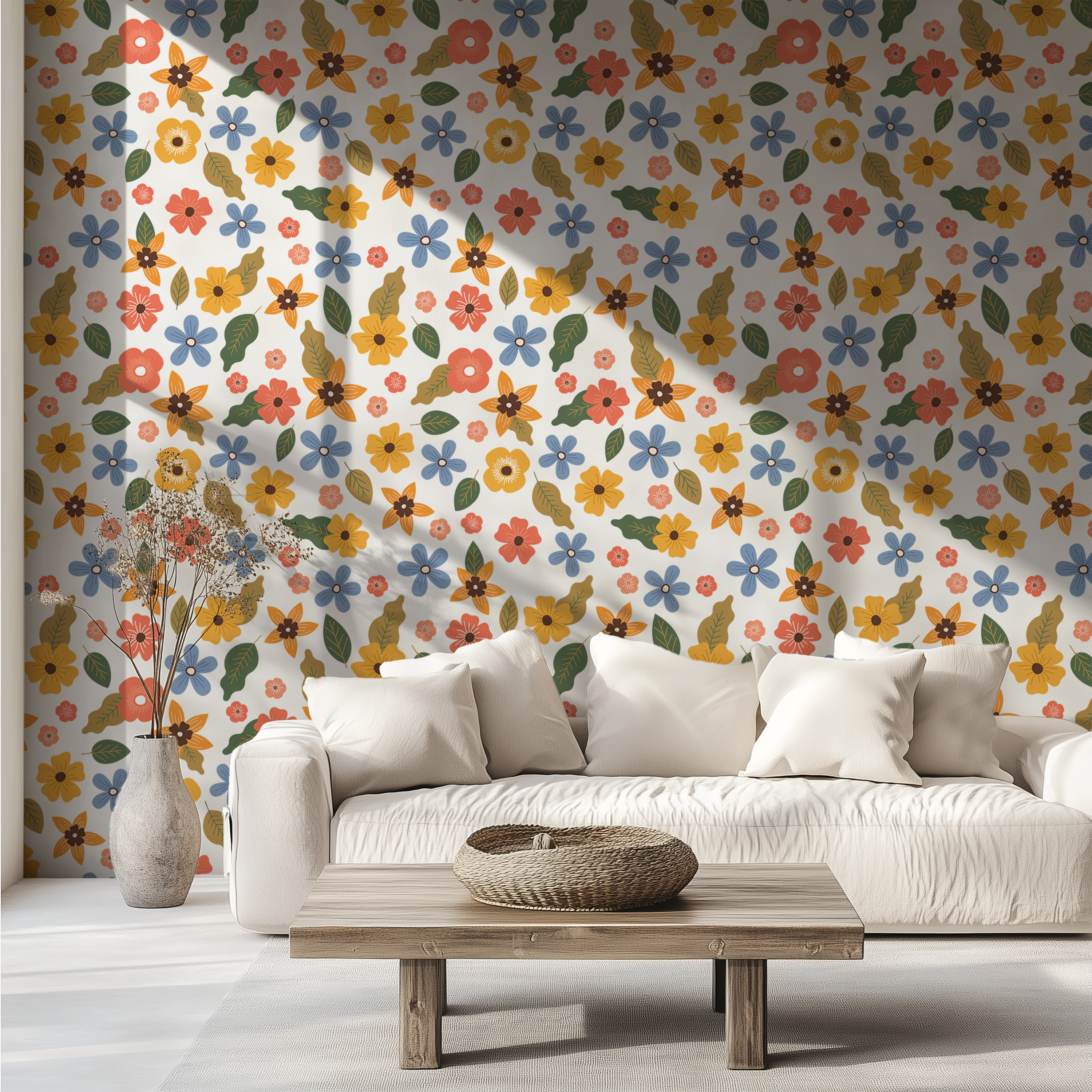 Cottage floral wallpaper inspired by blooming wildflower meadows.