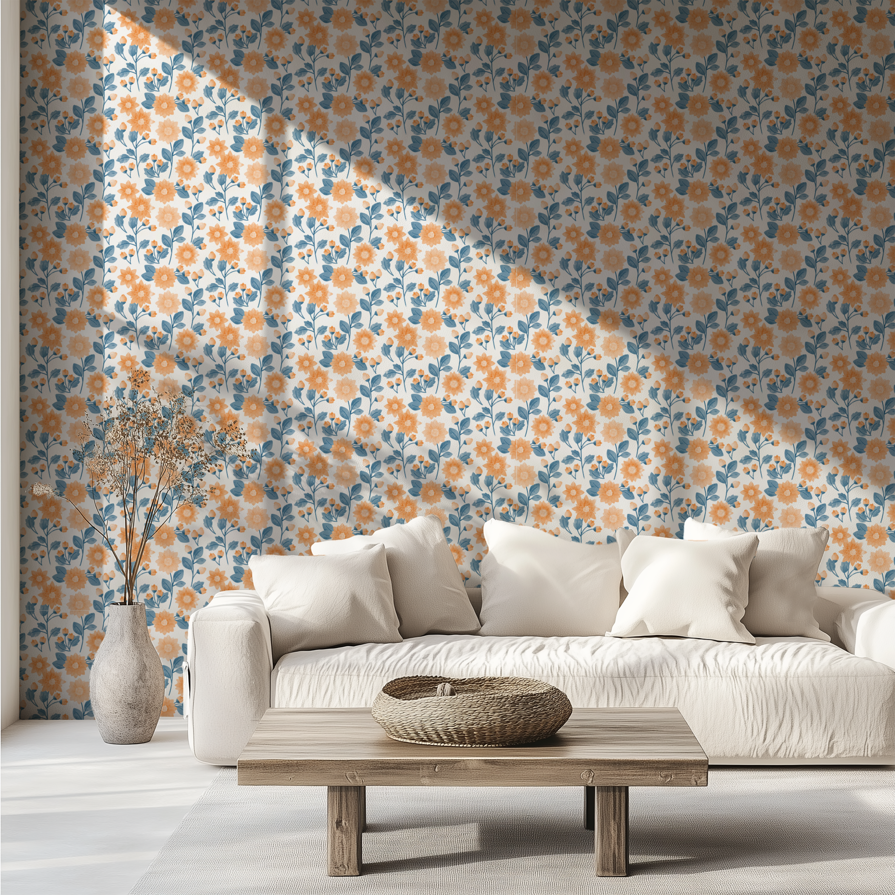 Cottage flower wallpaper with delicate blue leaves and peach blossoms.