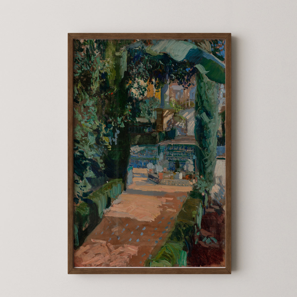 Court of the Dances, Alcázar, Sevilla (79.PA.151) by Joaquín Sorolla y Bastida, art print in a dark wood frame