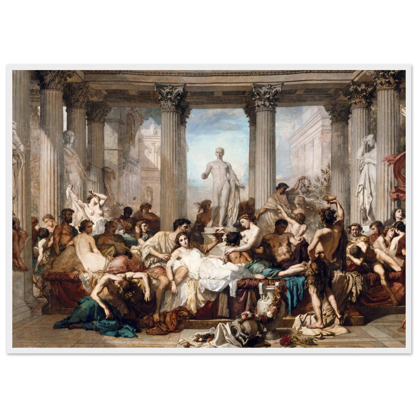 High-quality poster print of Thomas Couture’s The Romans in Their Decadence (1847), a grand Neoclassical painting of Rome’s moral collapse.