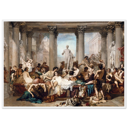 High-quality poster print of Thomas Couture’s The Romans in Their Decadence (1847), a grand Neoclassical painting of Rome’s moral collapse.