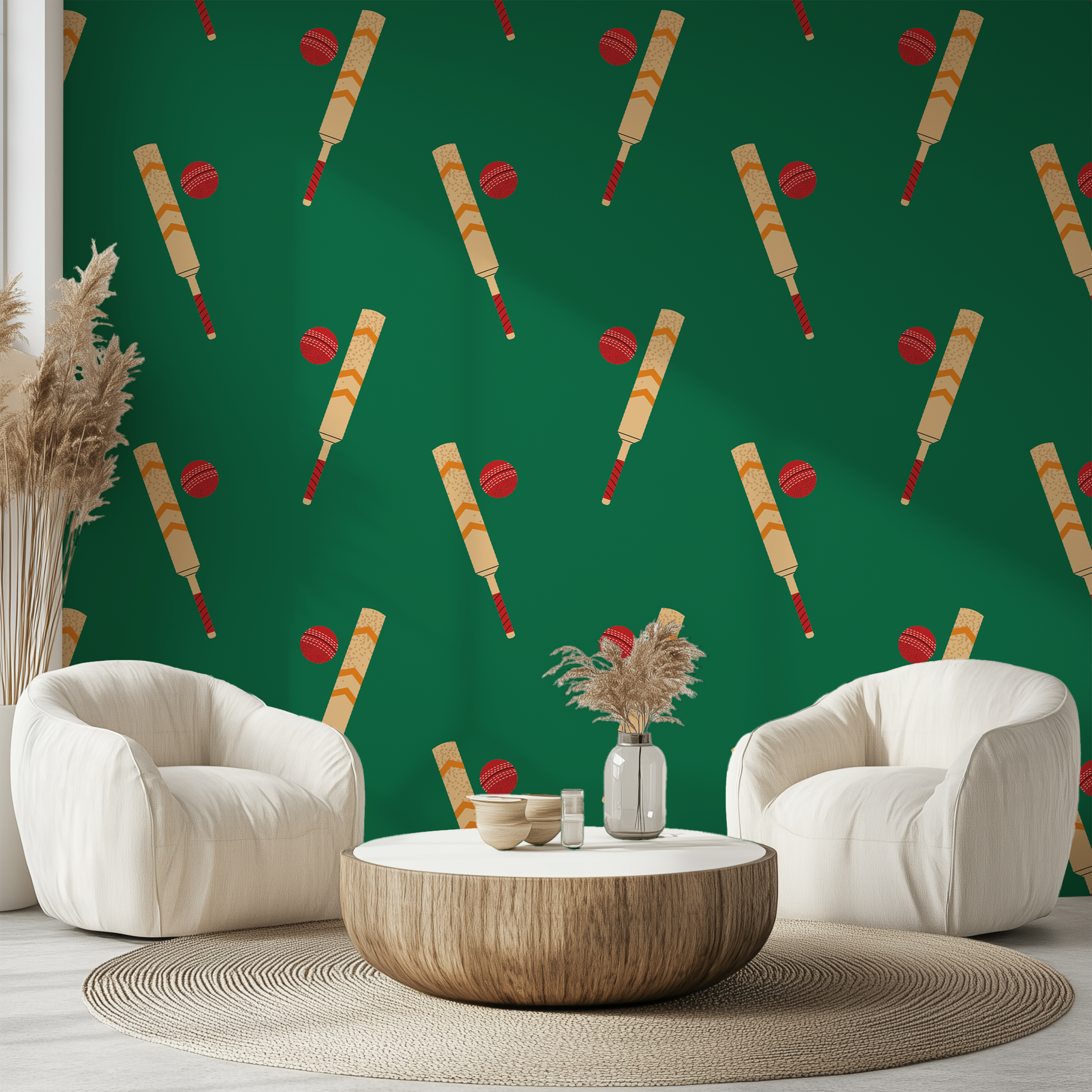 Cricket bat and ball pattern wallpaper on a deep green background