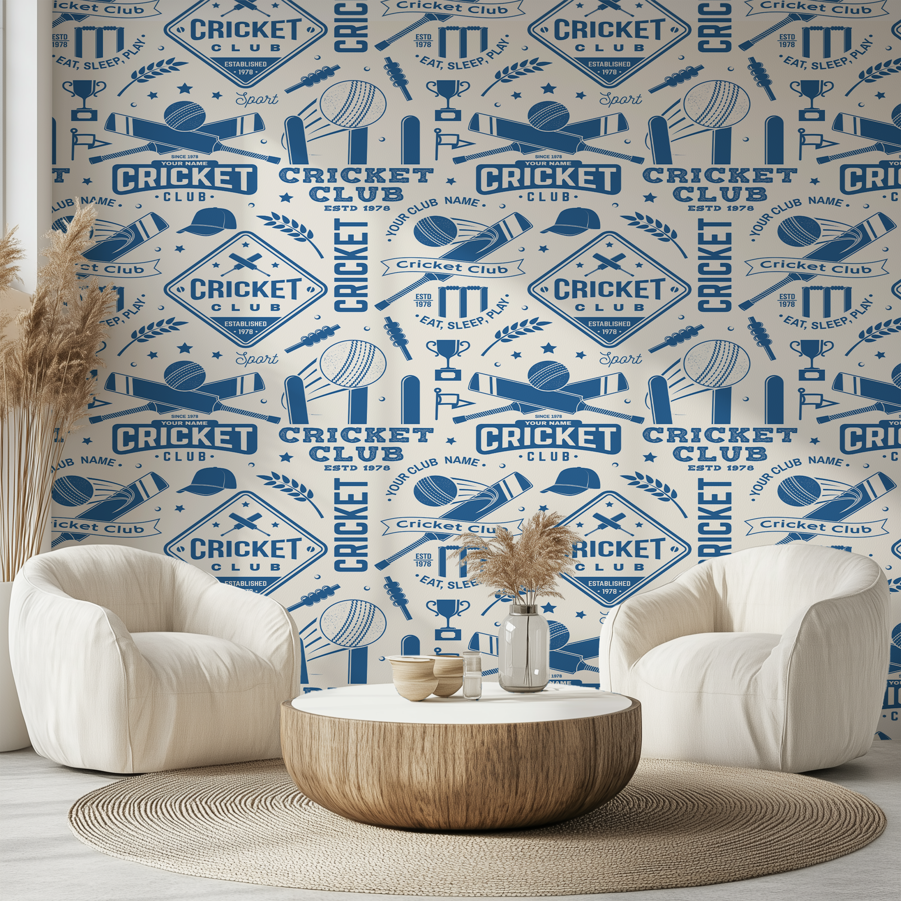 Cricket bat and ball wallpaper with vintage sporting illustrations
