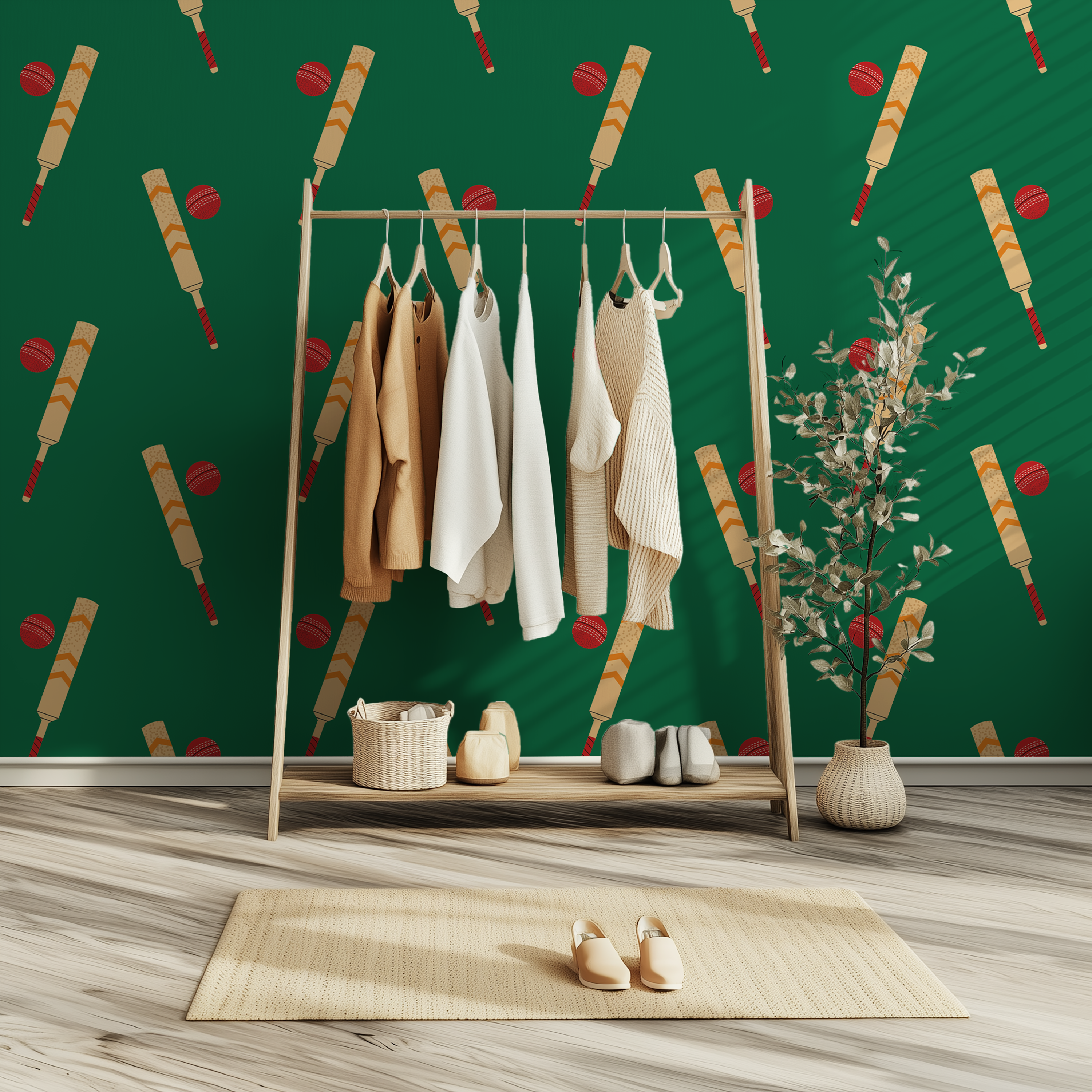 Green cricket bat wallpaper with red cricket balls