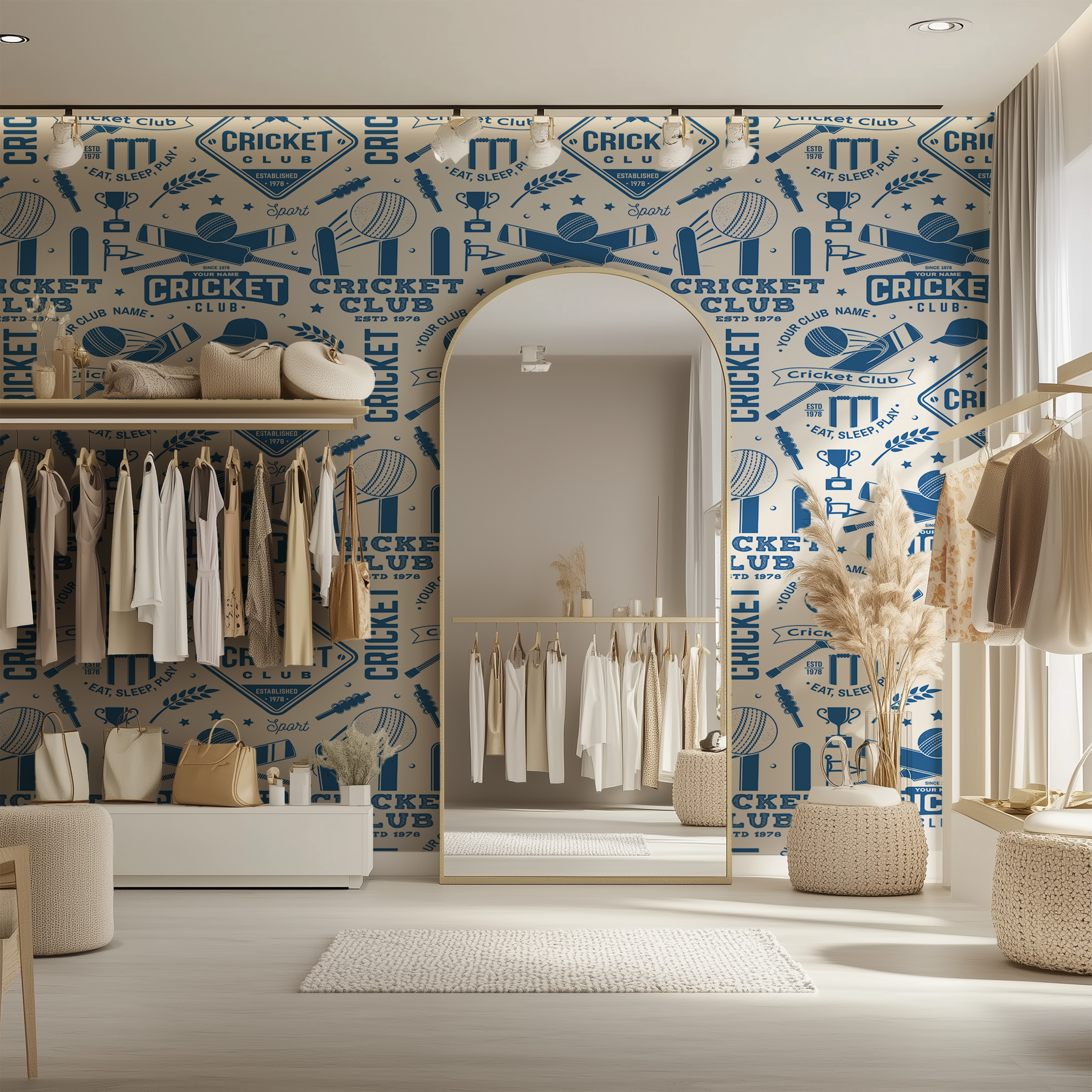 Blue cricket themed wallpaper featuring classic cricket equipment