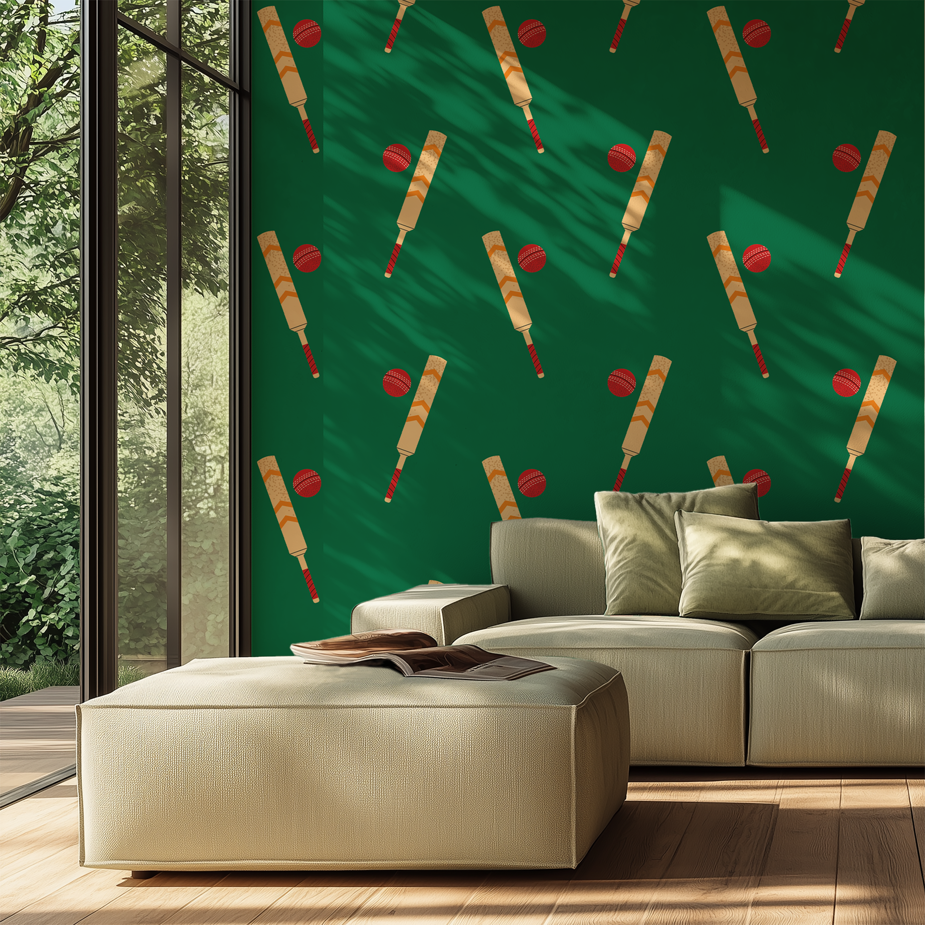 Cricket themed wallpaper with repeating bats and balls